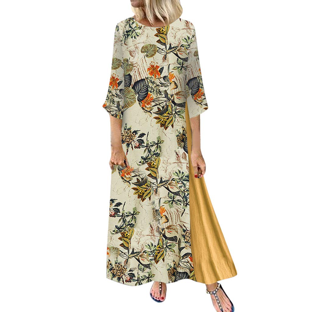Vintage Floral Print Rayon Maxi Dress for Women - Loose Sleeve O-Neck 3/4 Length Boho Dress - Perfect for Summer Beach, Vacation & Casual Outings