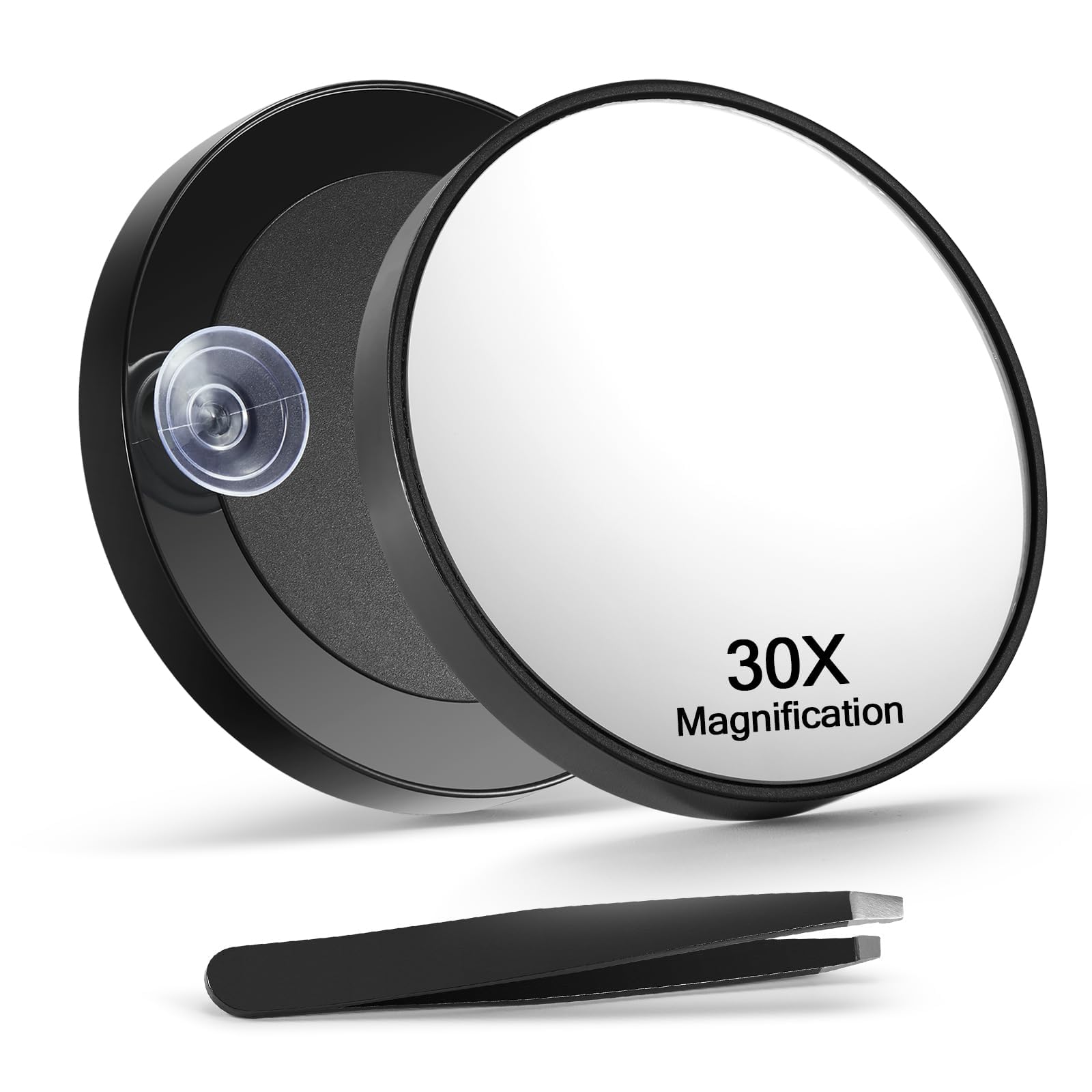 30X Magnifying Mirror with 2 Suction Cups - 3.5 Inch Lighted Makeup Mirror with Slant Tweezers for Precise Eyebrow Shaping & Skincare - Perfect for Bathroom Vanity, Travel & Professional Makeup Artists (Black)
