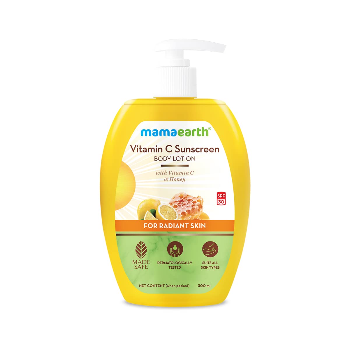 Mamaearth Vitamin C Sunscreen Body Lotion SPF 30 with Honey for Radiant Skin - 300ml | Daily Moisturizer with UV Protection for Face & Body | Perfect for Beach, Outdoor Activities & Daily Use
