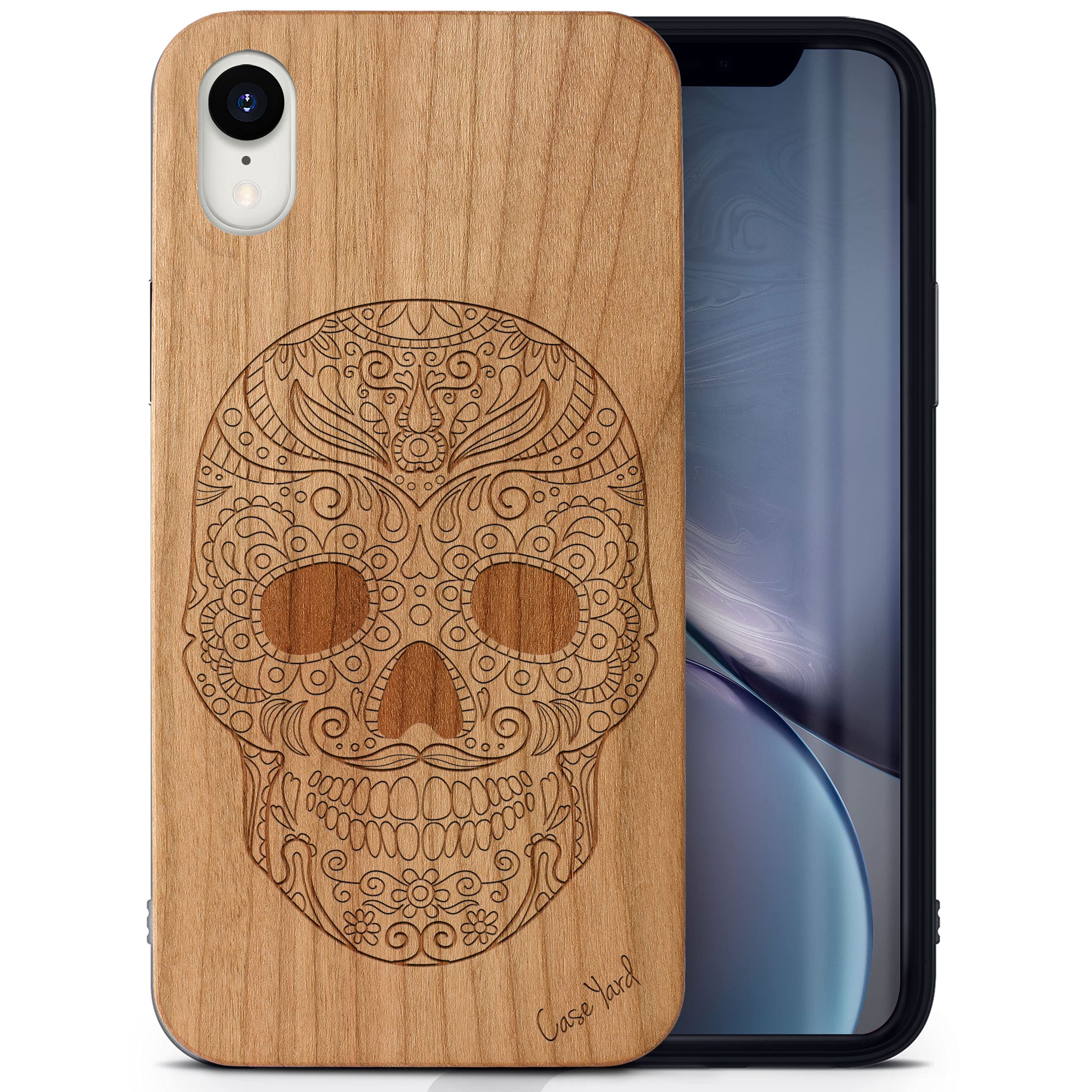 CaseYard Wooden Phone Case for iPhone XR - Laser Engraved Sugar Skull Design in Cherry Wood | Protective Shockproof Slim Fit Cover for Men & Women | Perfect for Everyday Use, Travel, and Gift Giving
