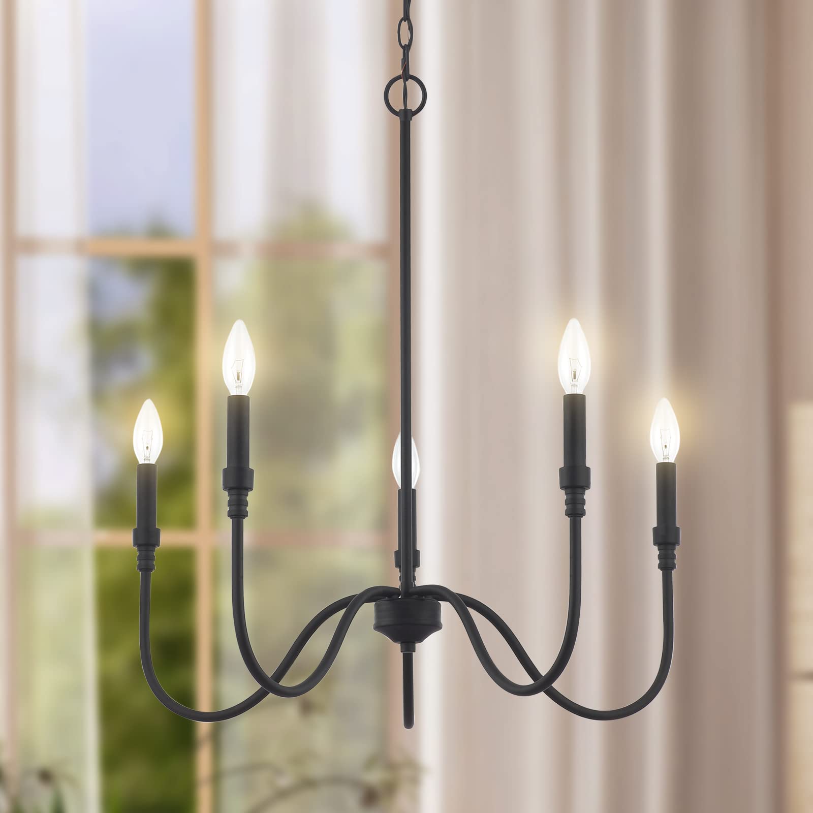5-Light Farmhouse Chandelier - Linear Pendant Light Fixture for Kitchen Island, Dining Room & Living Room - Matte Black Finish - Perfect for Rustic, Modern & Industrial Home Decor