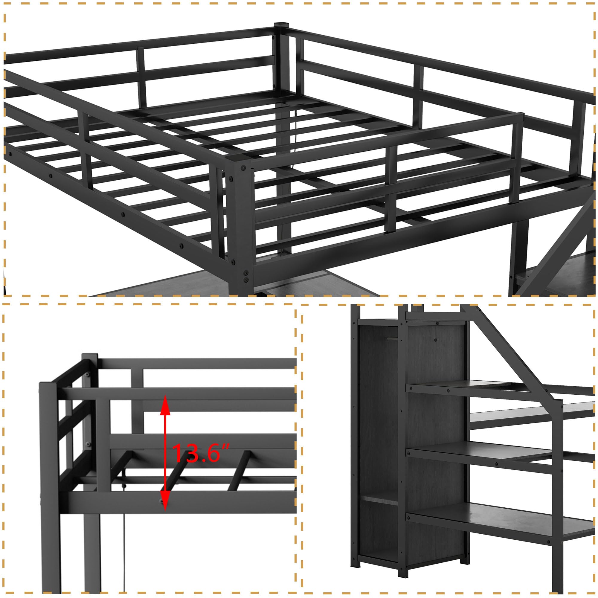Full Size Loft Bed with Desk, Storage Shelf & Stairs - Space-Saving Metal Loft Bed with Wardrobe, Charging Station & RGB LED Lights for Adults, Teens & Kids | Perfect for Small Bedrooms, Dorms & Studio Apartments (Black)