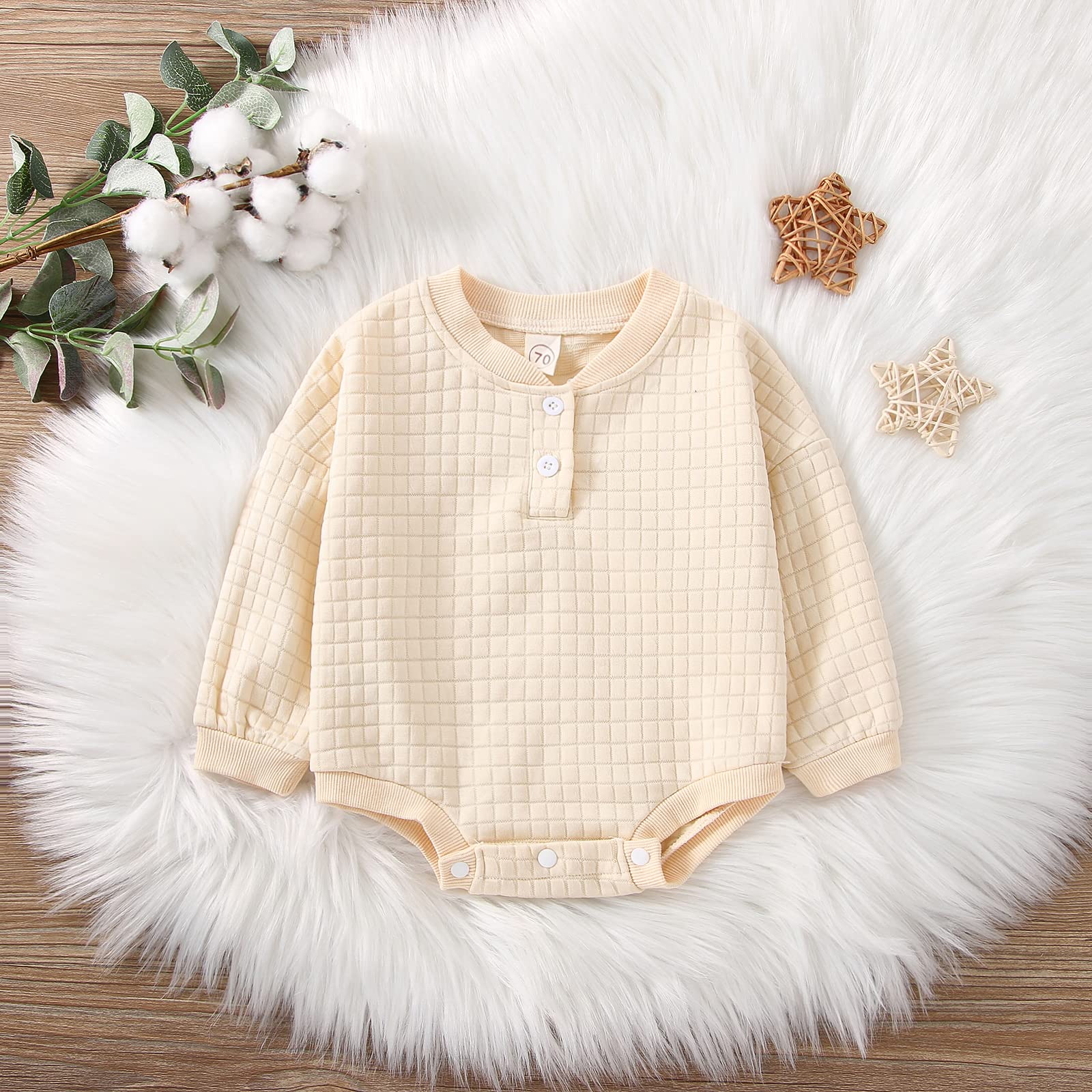 Emmababy Baby Boy & Girl Long Sleeve Waffle Knit Jumpsuit - Oversized Crewneck Sweatshirt Romper with Buttons - Cozy Fall Outfit for Infants - Perfect for Playdates, Family Photos & Autumn Adventures