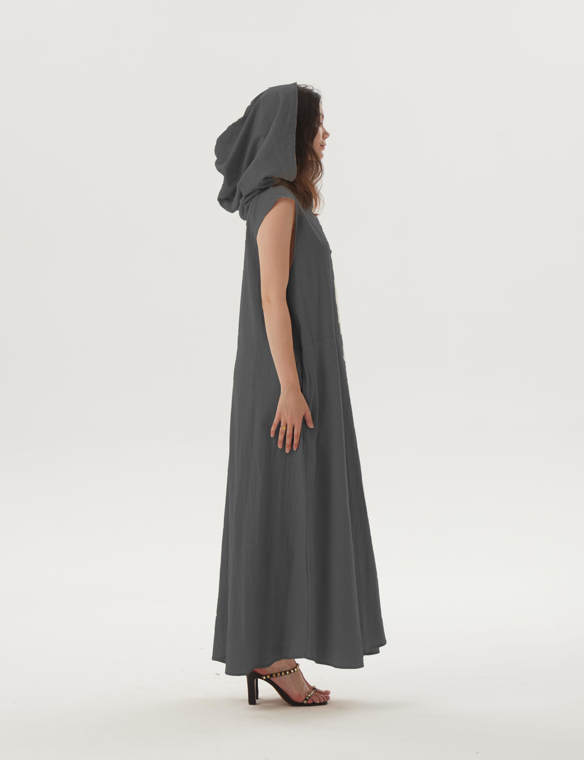 Women's Summer Sleeveless Hooded Maxi Dress - Linen Casual Loose Dress with Pockets (S, Black Gray) | Beach Cover Up, Vacation Outfit, Boho Chic Style