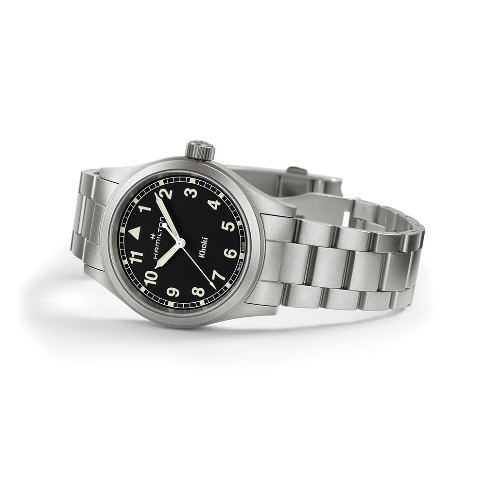 Khaki Field Quartz 38mm Black Watch with White Numerals on Stainless Steel Bracelet - Perfect for Outdoor Adventures and Casual Wear