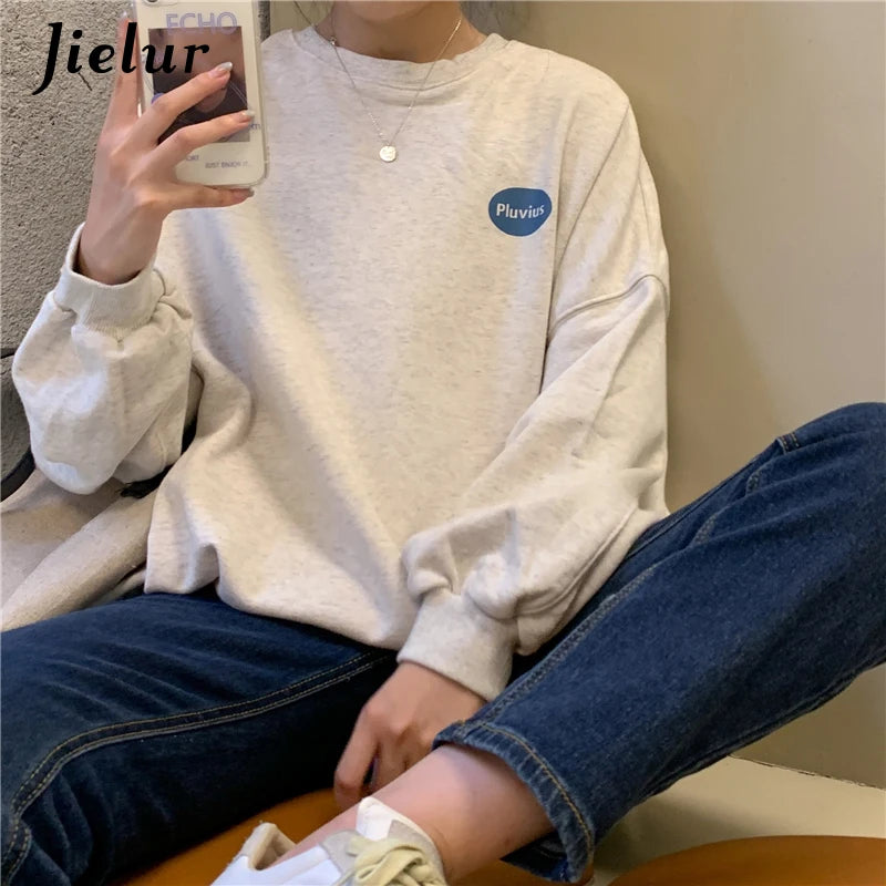 Korean Autumn Style Loose Long Sleeve Letter Print O-Neck Sweatshirt for Women - Casual Oatmeal Hoodie Pullover for Fall Fashion, Streetwear & Cozy Loungewear