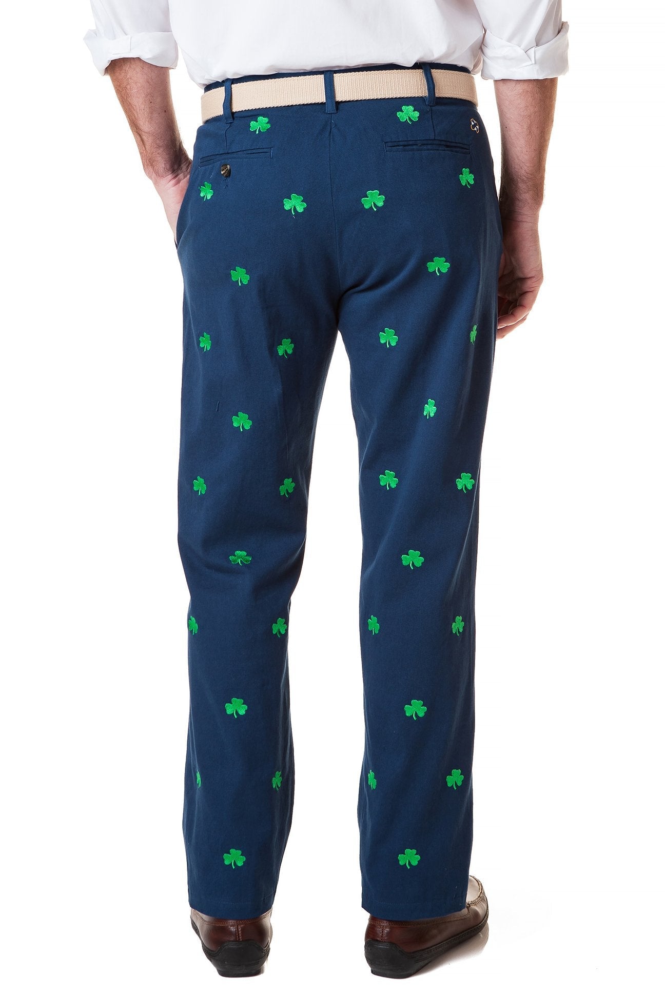 Stretch Twill Harbor Pant in Nantucket Navy with Shamrock Print - Comfortable Casual Pants for Work, Travel & Everyday Wear