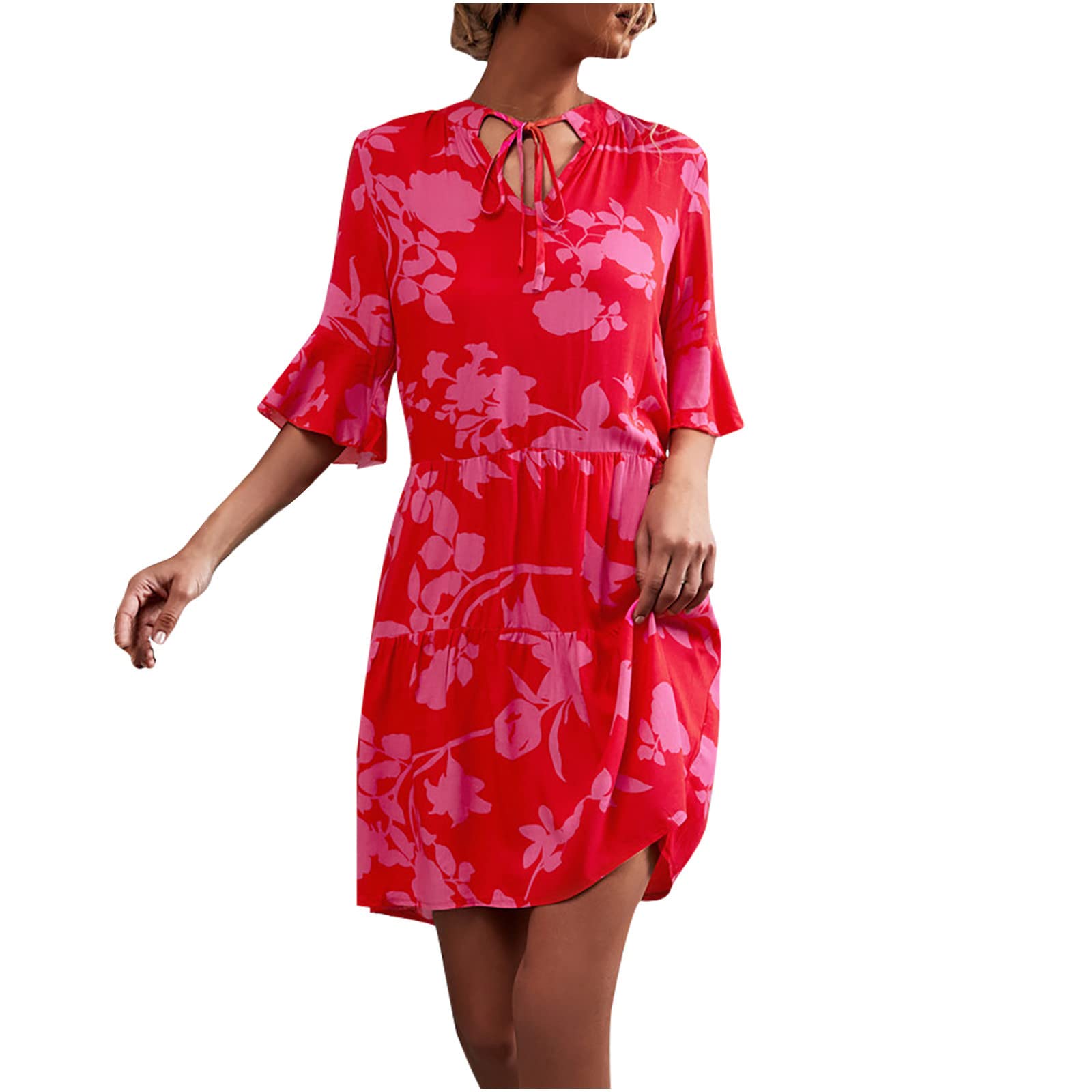 Women's Summer Floral V-Neck Half Sleeve Bandage Dress - Casual Flare Sleeve Dress for Beach, Party & Vacation Outfits