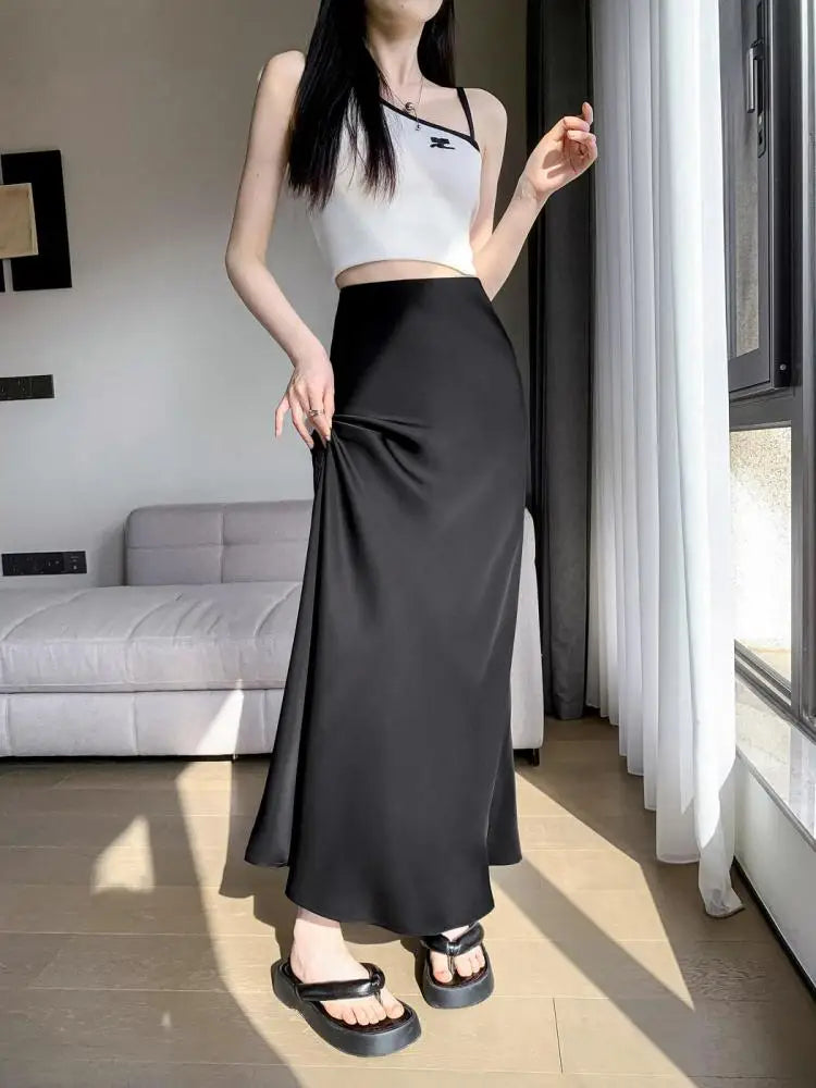 Beige & Black High Waist Mermaid Wrap Skirt for Women - Elegant Long Vacation Skirt, Sexy Summer Streetwear Fashion (Perfect for Beach Outings, Date Nights & Spring Travel)
