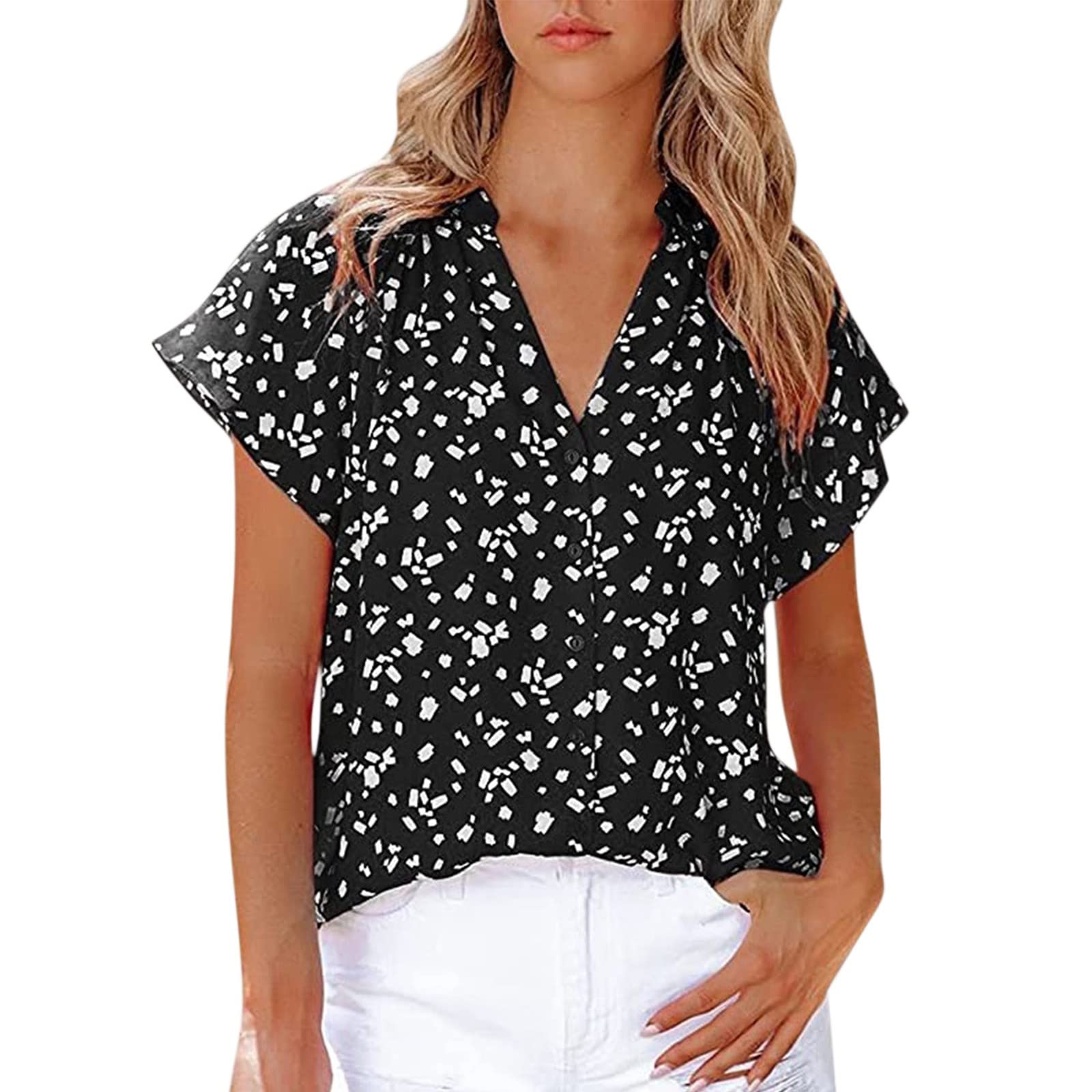Women's V-Neck Chiffon Blouse with Tie Front & Batwing Sleeves - Summer Work Tops for Office, Business Casual, and Date Night Outfits