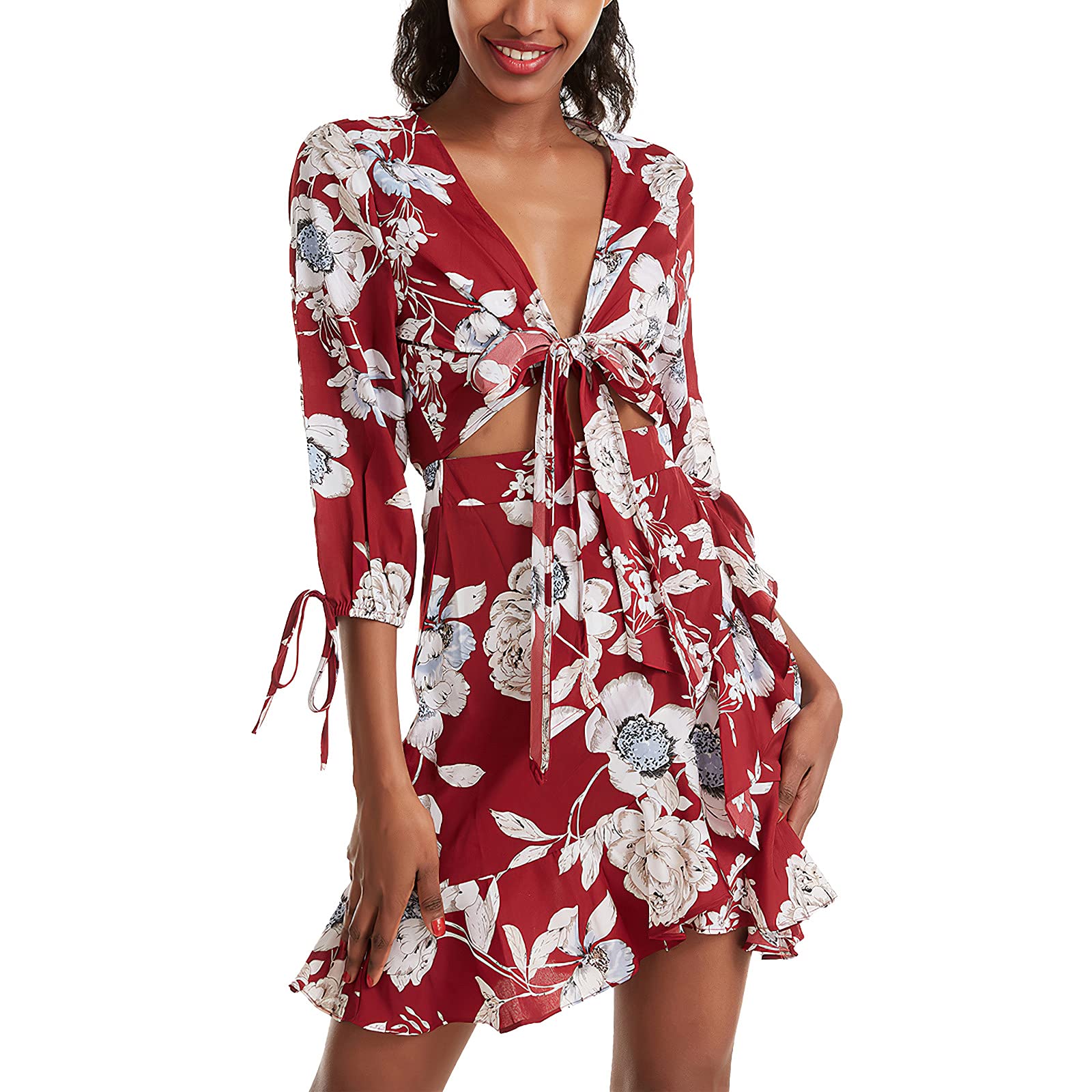Pantete Women's Summer Floral Short Dress - Casual 3/4 Sleeve Tie Waist Ruffle Mini Dress with V-Neck | Perfect for Beach Vacation, Date Night & Summer Parties
