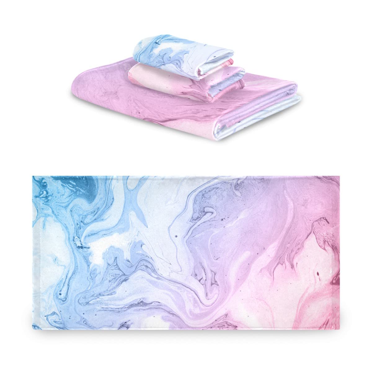 Premium 3-Piece Abstract Marble Bath Towel Set - Super Absorbent, Soft & Quick-Drying - Perfect for Bathroom, Beach, Gym & Pool Use - Pink & Blue Decorative Towels for Spa, Travel & Home Decor