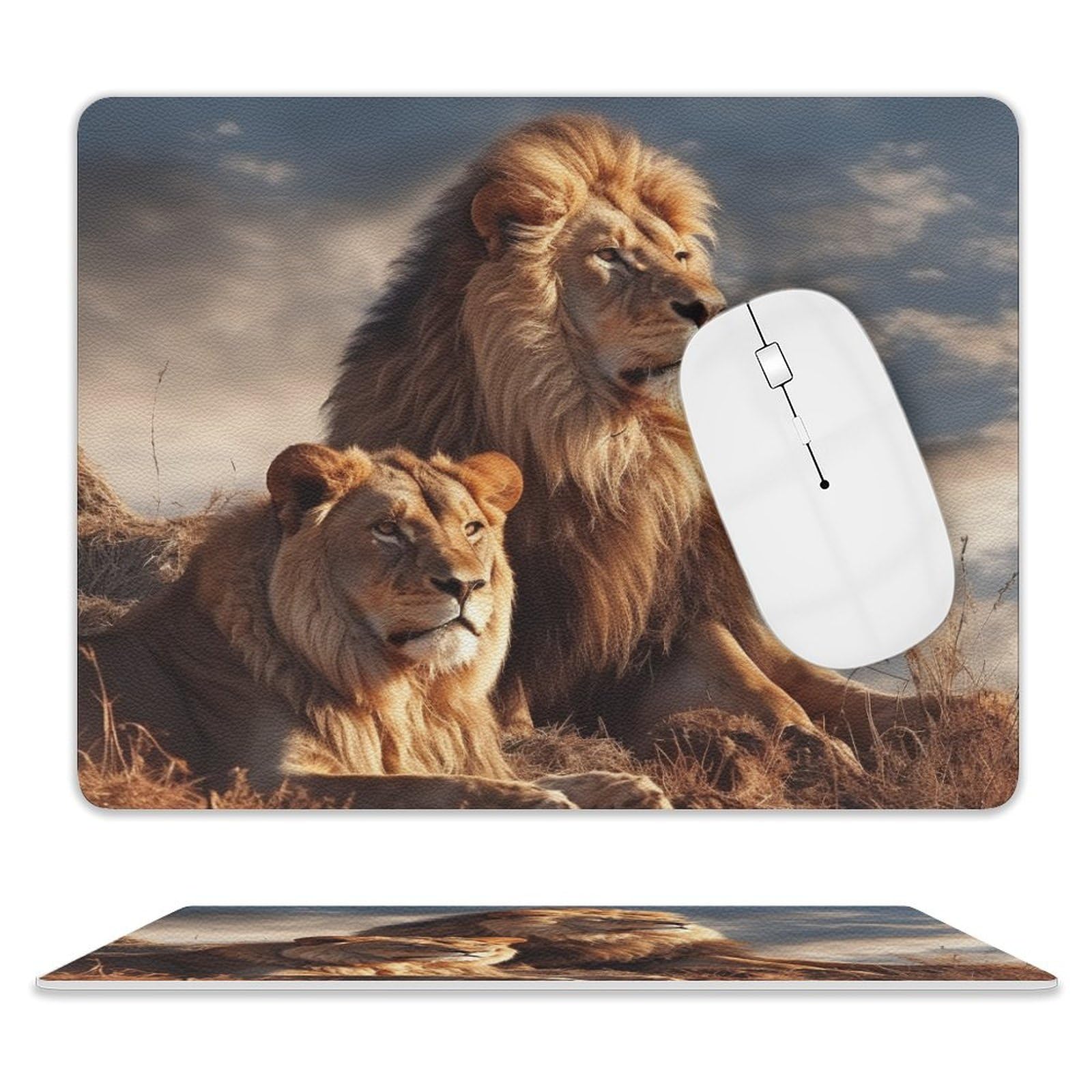 Personalized Two Lions Leather Mouse Pad - Anti-Slip Gaming & Office Desk Mat for Computers, Laptops - Perfect for Home, Work & Gaming Setups