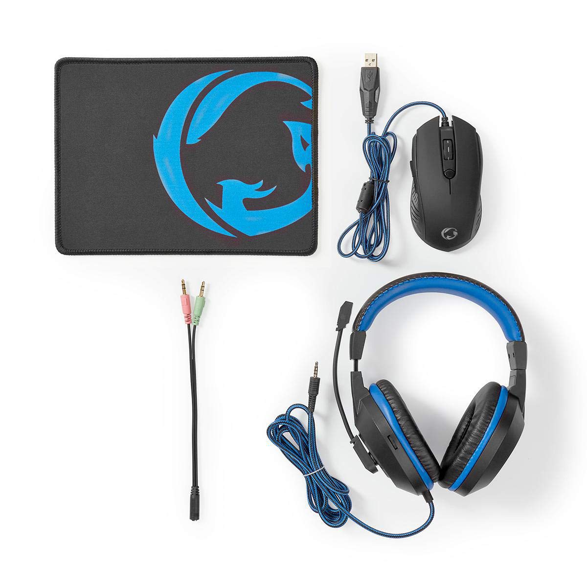 NEDIS Gaming Combo Kit - 3 in 1 PC Gaming Headset, Wired Mouse & Large Mouse Pad - Blue/Black - Perfect for Esports, Streaming & Online Gaming