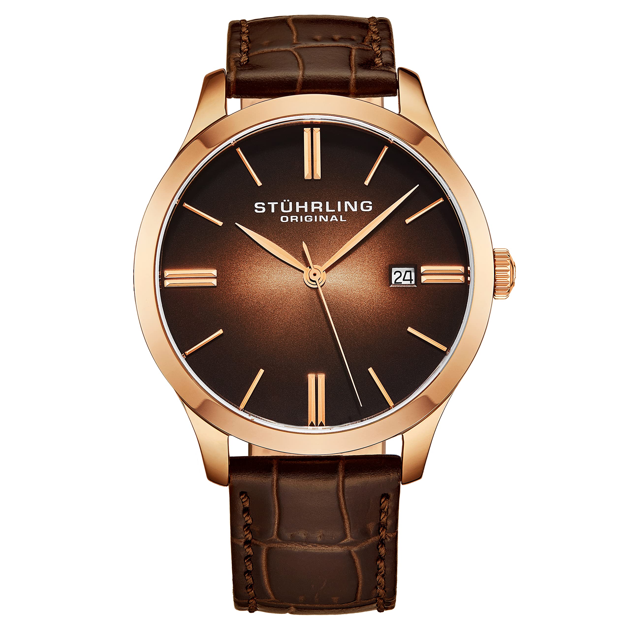 Stuhrling Men's Swiss Quartz Watch - Stainless Steel Leather Strap for Business & Casual Wear