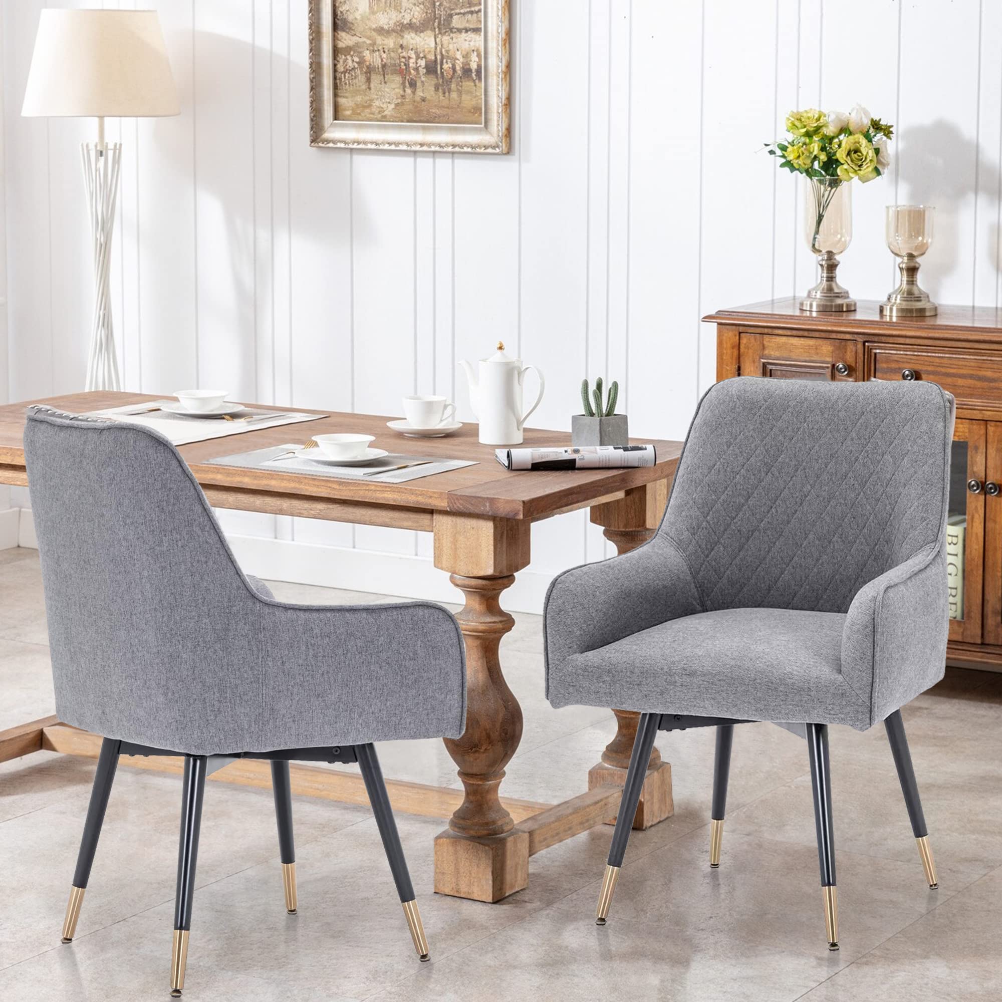 2 Pack Swivel Dining Chairs - Gray Upholstered Accent Chairs with Non-Slip Rubber Caps & Arms for Living Room, Kitchen, Dining Room & Office - Modern Home Furniture Set