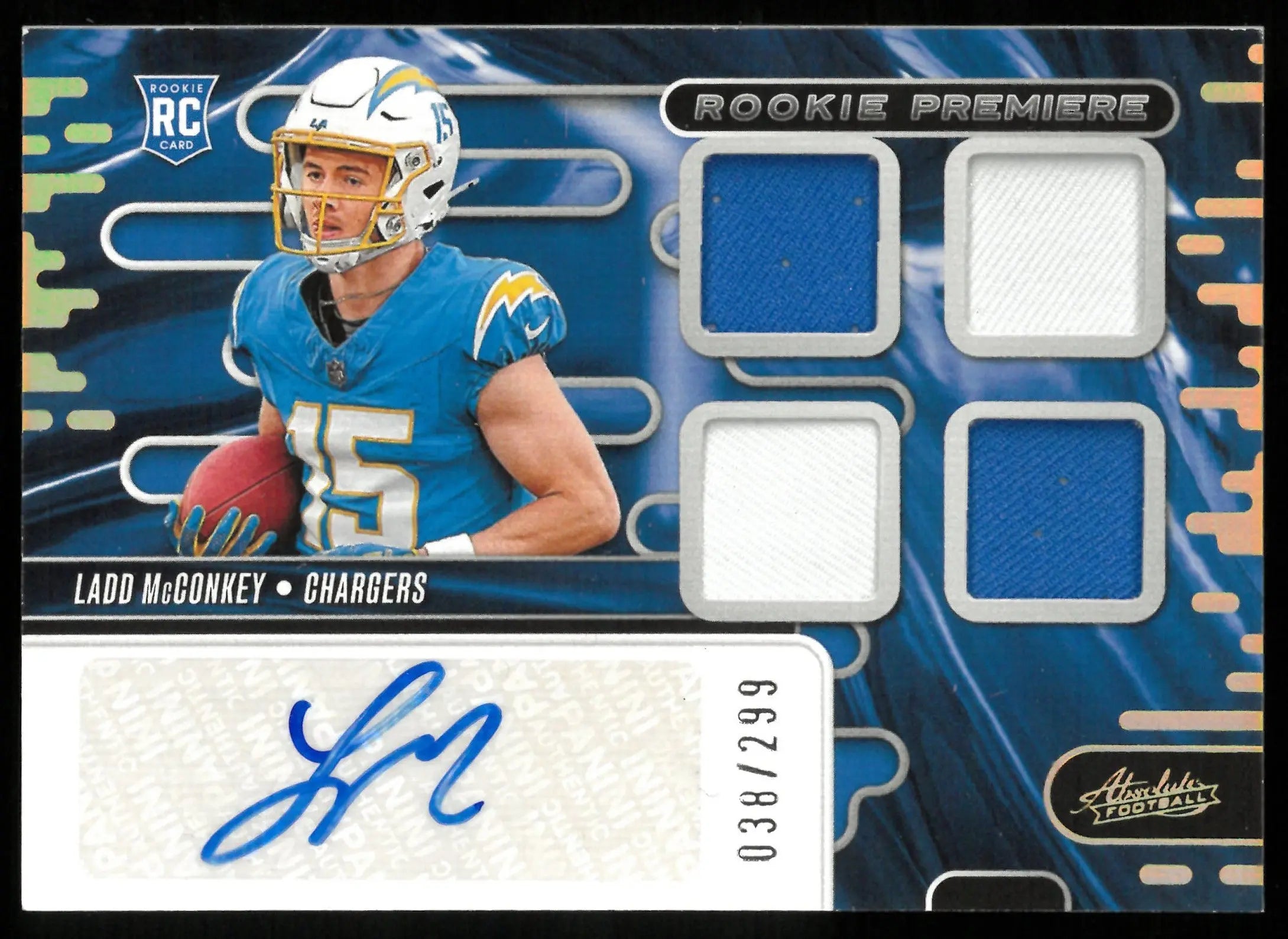 2024 Absolute Football Ladd McConkey Rookie Premiere Quad Patch Autograph Card /299 - Collectible Sports Memorabilia for Fans & Investors, Perfect for Display Cases and Trading Collections
