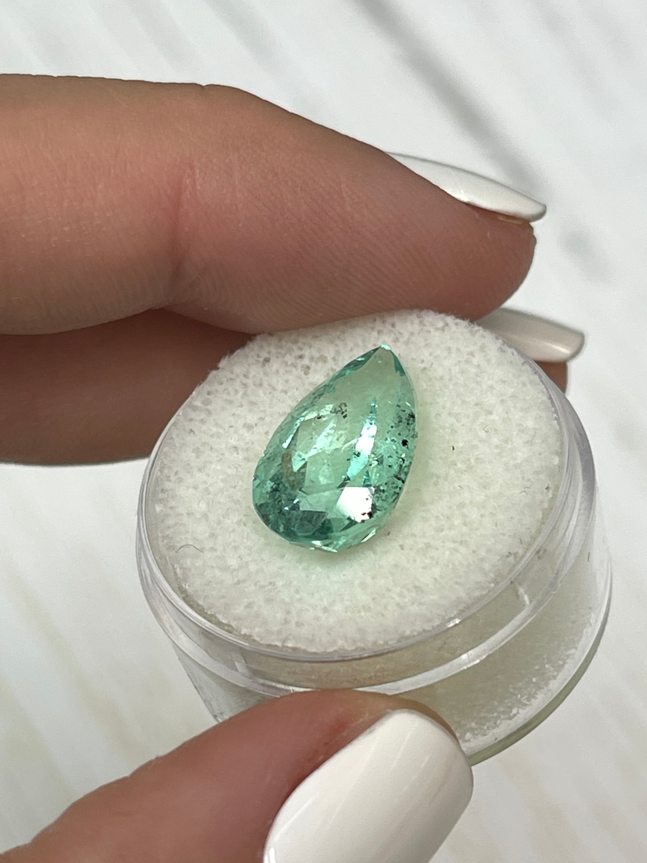 6.41 Carat 16x10mm Light Green Freckled Natural Loose Colombian Emerald Pear Cut Gemstone for Jewelry Making & Engagement Rings