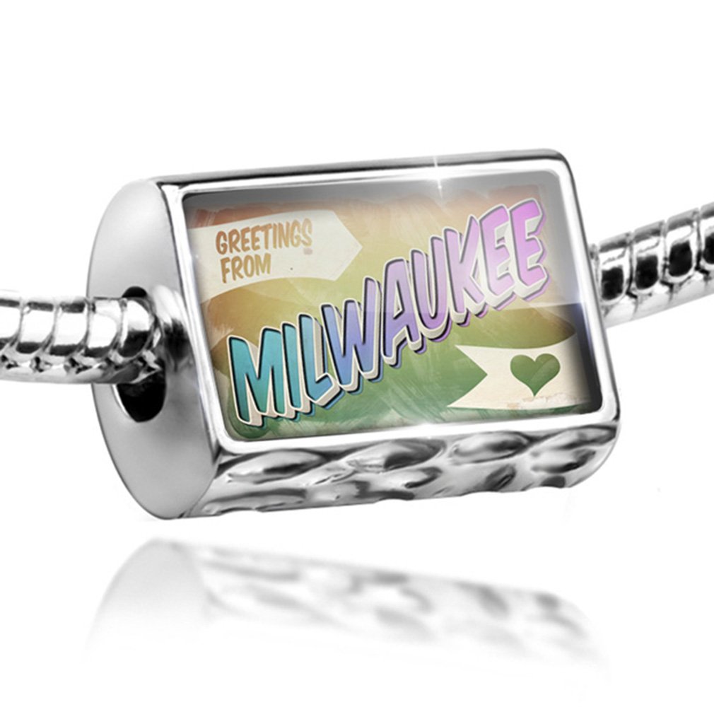 Vintage Milwaukee Charm Greetings Postcard Bead - Fits All European Bracelets - Perfect for Jewelry Making, DIY Crafts & Souvenir Gifts