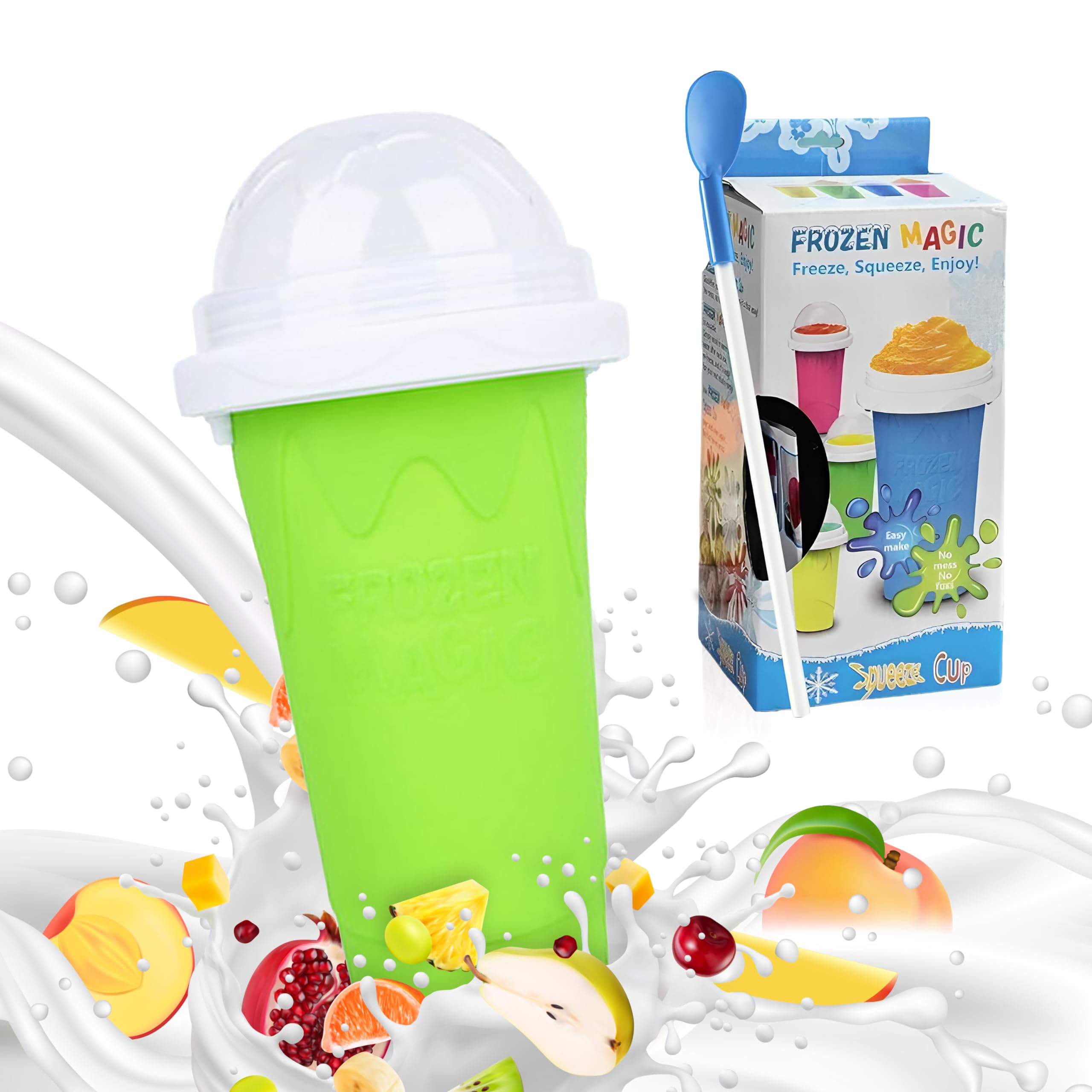 **Quick Frozen Magic Slushy Maker Cup - Portable Smoothie & Ice Cream Cup with Spoon & Straw (Green) - Perfect for Summer Drinks, Kids Snacks & Party Treats**