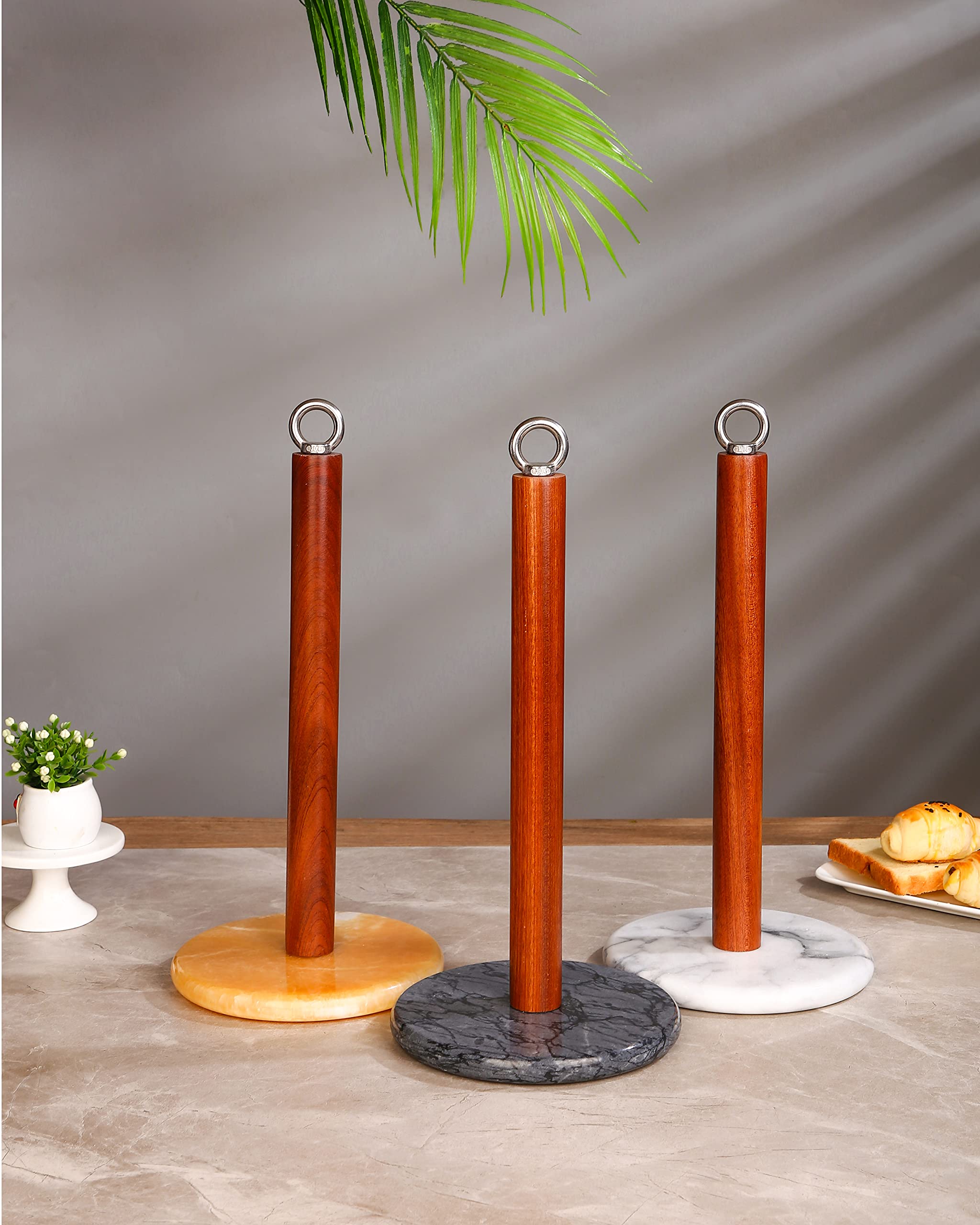 Modern Free-Standing Paper Towel Holder with Weighted Marble Base & Sapele Wood Poles - Standard & Jumbo Size Kitchen Countertop Dispenser (Yellow) - Perfect for Kitchens, Restaurants, and Office Break Rooms
