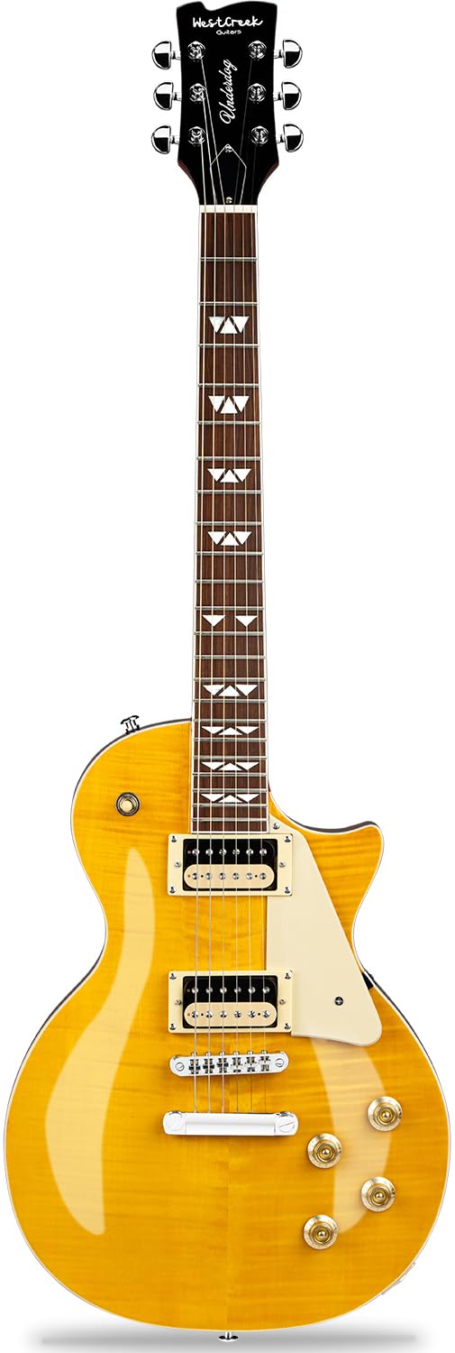 WestCreek Underdog Solid Body Electric Guitar - Mahogany Body, Maple Neck, Rosewood Fretboard - 22 Frets with Bone Nut - Perfect for Rock, Blues & Stage Performance (Amber)