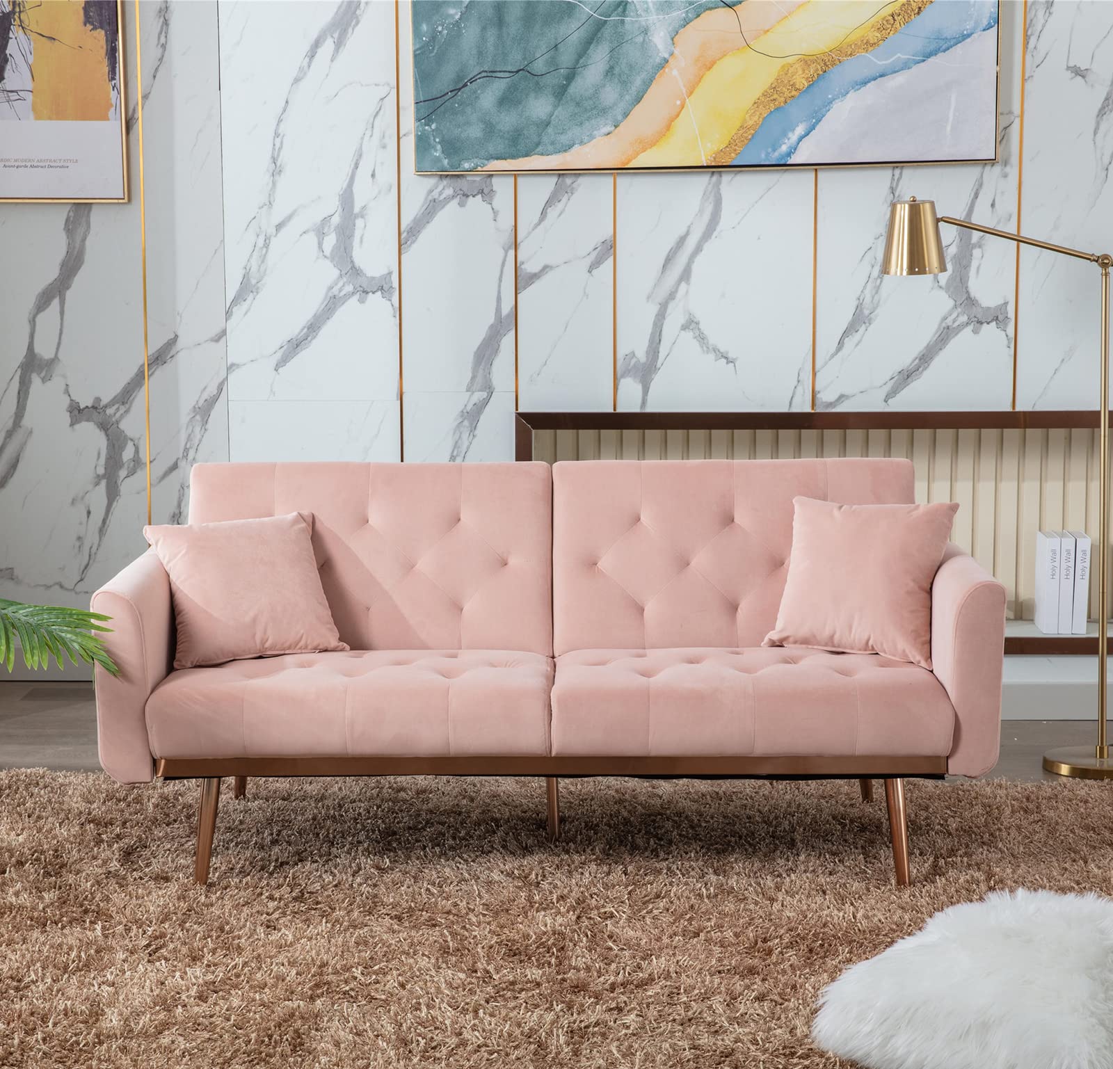 Antetek Velvet Futon Sofa Bed - 3 Adjustable Positions, Small Sleeper Sofa Loveseat with 2 Decorative Pillows, Modern Convertible Couch with 5 Metal Tapered Legs - Pink Velvet Upholstered Furniture for Living Room, Guest Room & Small Spaces