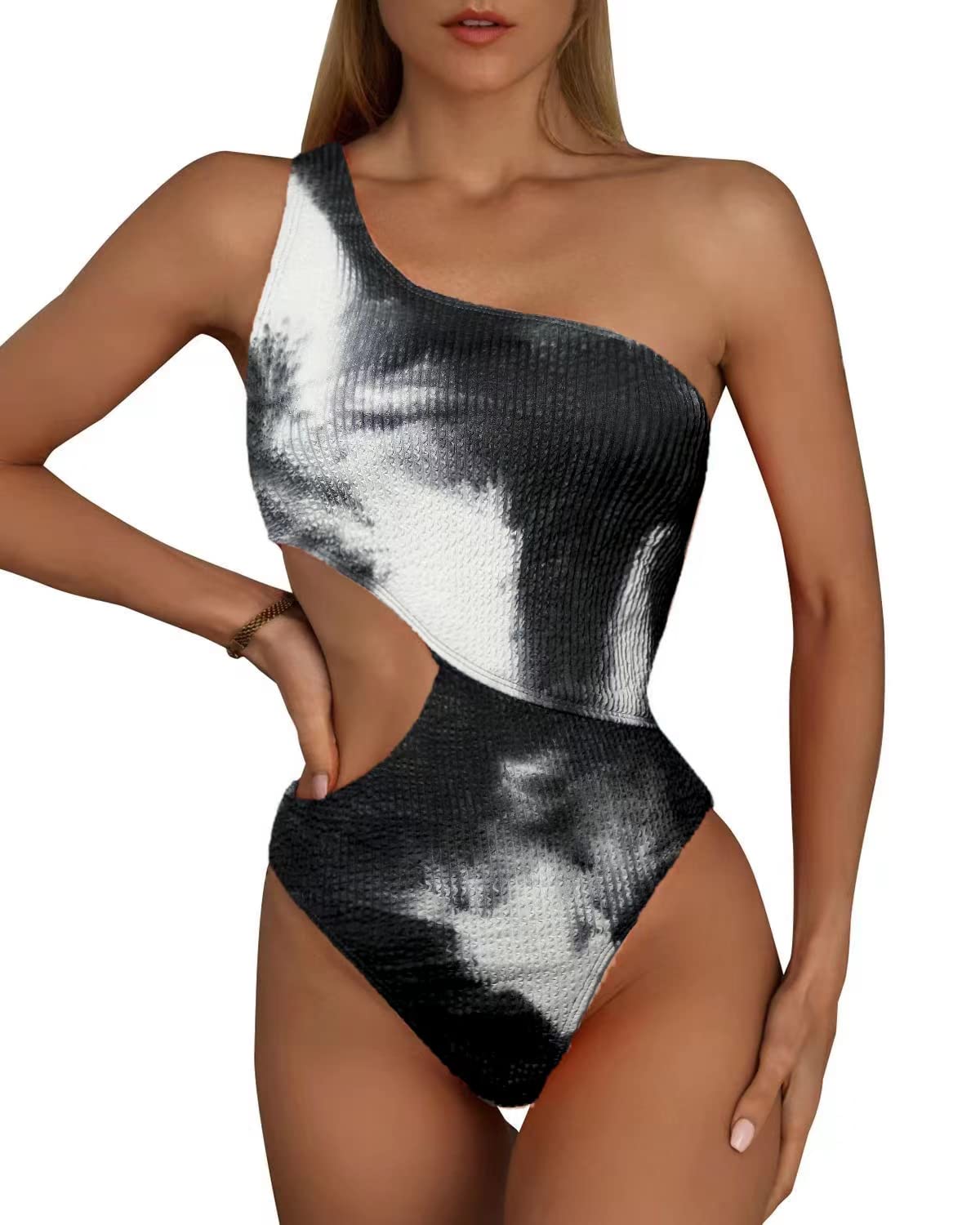 Limeeke Women's One Shoulder Cutout Monokini Swimsuit - Sexy Ribbed One Piece Bathing Suit for Beach, Pool Party & Summer Vacation
