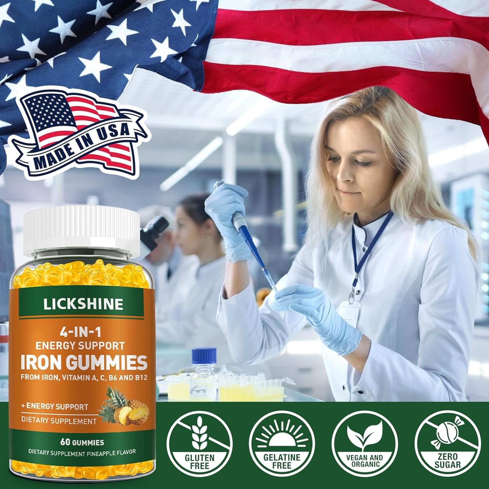 2 Pack Vegan Iron Gummies 100MG with Vitamin C, A, B - Energy Boosting Supplement for Women, Men & Kids - Supports Iron Deficiency & Anemia Relief - Peach Flavor (120 Count) - Perfect for Daily Nutrition & Active Lifestyle
