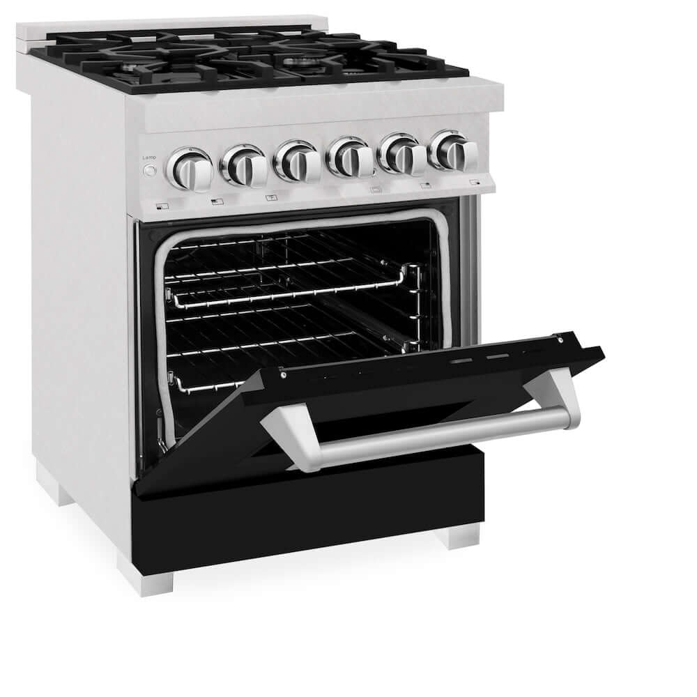 ZLINE 24 Inch 2.8 Cu. Ft. Dual Fuel Range with 4 Burner Gas Cooktop & Electric Convection Oven - Satin Stainless Steel & Black Matte Door (RAS BLM 24) for Modern Kitchen & Professional Cooking