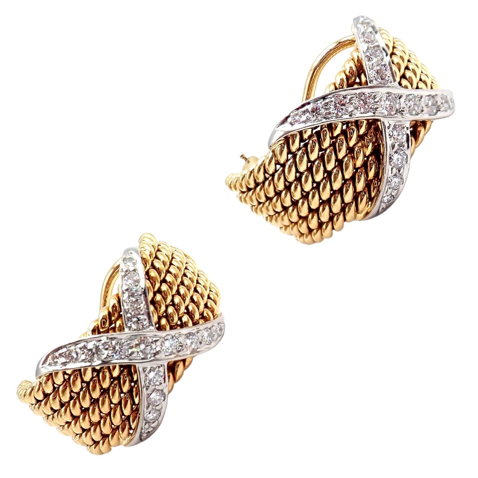Tiffany & Co Schlumberger 18k Yellow Gold Platinum Diamond 6 Row Rope X Earrings - Luxury Diamond Hoop Earrings for Women, Perfect for Weddings, Parties & Special Occasions