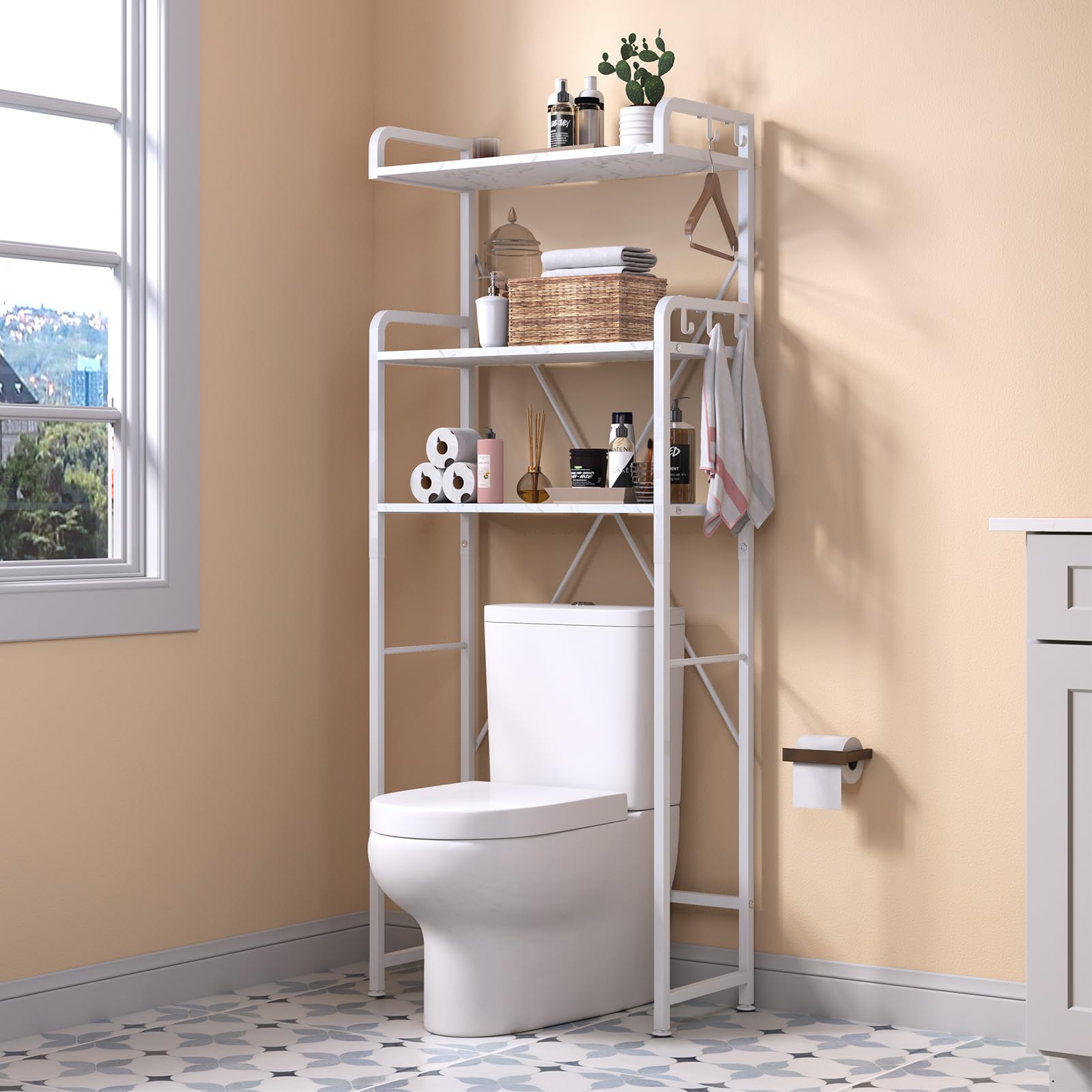 3-Tier Over The Toilet Storage Rack - White Faux Marble Bathroom Shelf Organizer with Hooks | Space-Saving Toilet Storage Solution for Towels, Toiletries & Bathroom Essentials