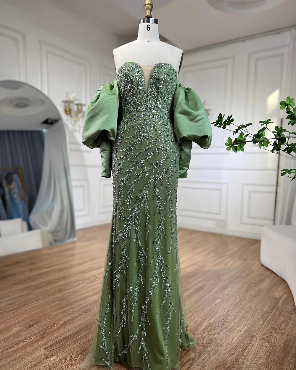 Serene Hill Champagne Luxury Mermaid Evening Dresses for Women - Elegant Long Gowns with Half Purr Sleeves for Prom, Wedding, Gala & Formal Events LA71120
