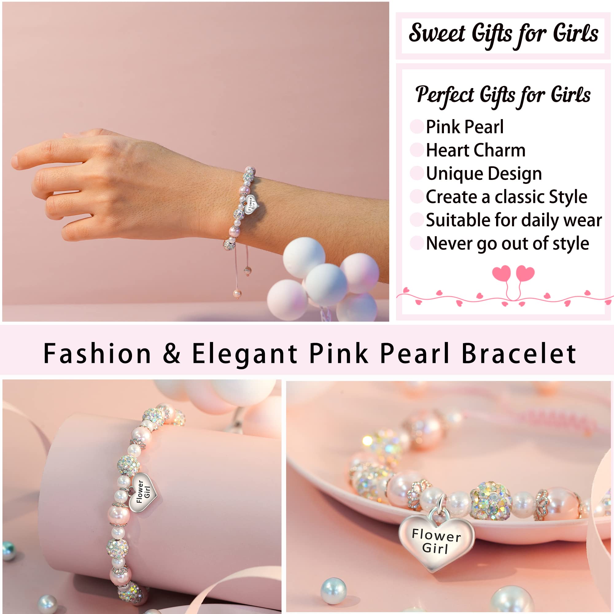 Sparkling Rhinestone Bracelet for Girls - Pink Pearl Heart Charm Jewelry, Elegant Gift for Flower Girls, First Communion, Baptism, Graduation & Back to School | Perfect for Special Occasions & Everyday Wear