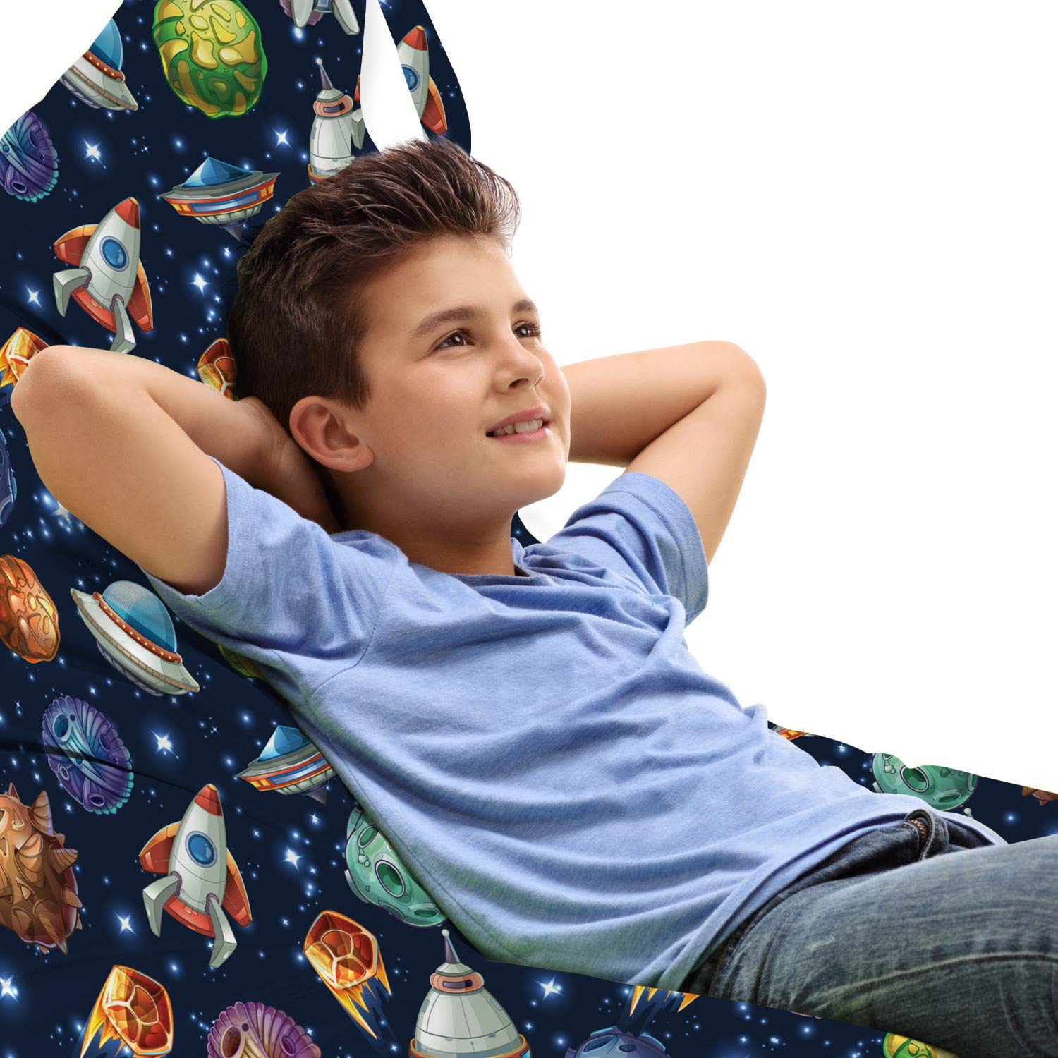 Lunarable Outer Space Lounger Chair Bag - Large Capacity Storage with Handle, Comic Style Cosmos Design Featuring Alien Planets & Spaceships, Multicolor - Perfect for Camping, Beach Trips, and Outdoor Relaxation