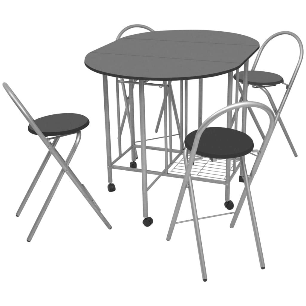 5-Piece Folding Dining Set - Modern MDF Black Table with 4 Chairs & Foldable Drop Leaf | Space-Saving Metal Frame for Small Apartments, Kitchens & Dining Rooms