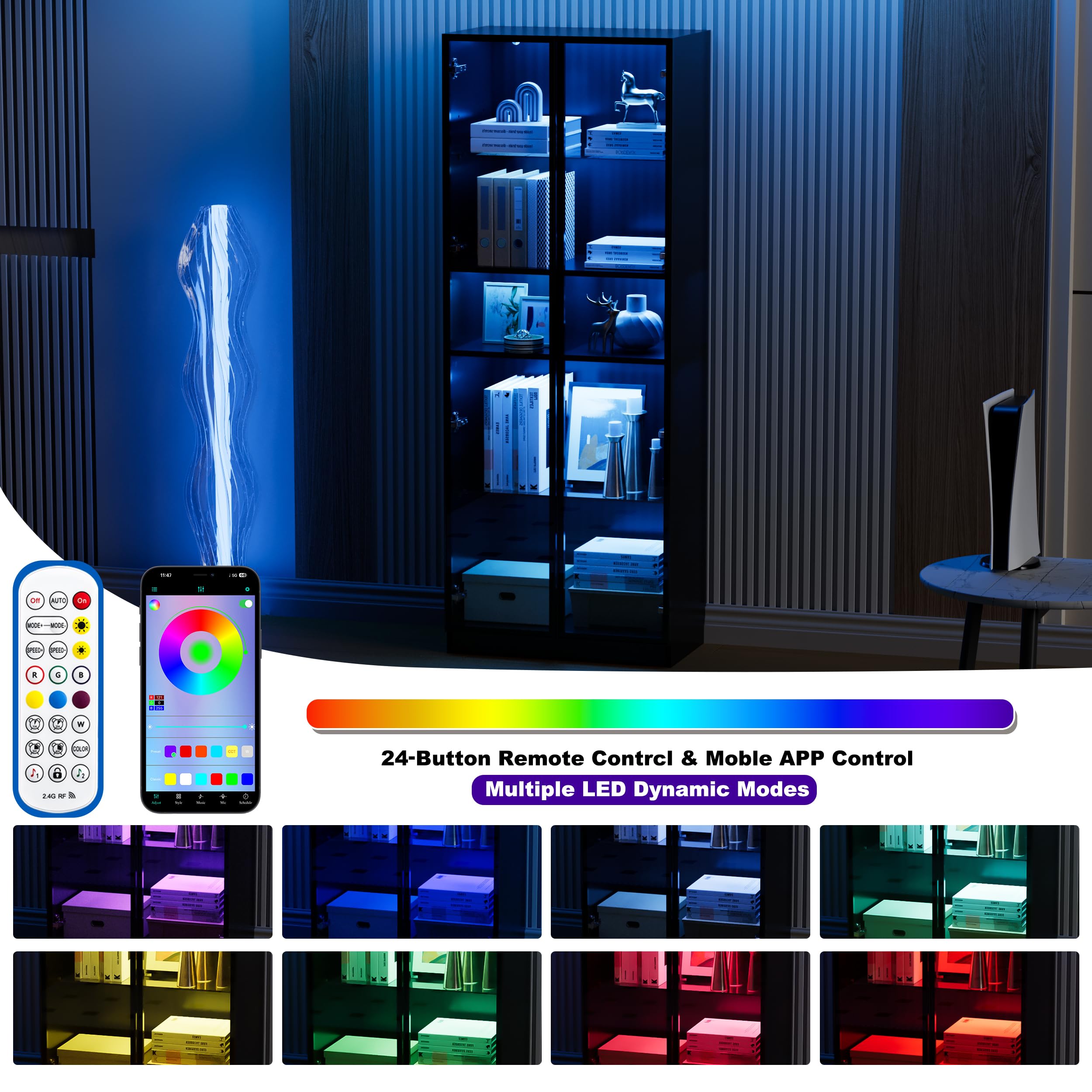 5-Tier Glass Display Cabinet with LED Lights - Aluminum Alloy Frame & 2 Glass Partitions - Black Trophy Case for Collectibles, Awards & Memorabilia - Perfect for Home, Office or Retail Store Displays