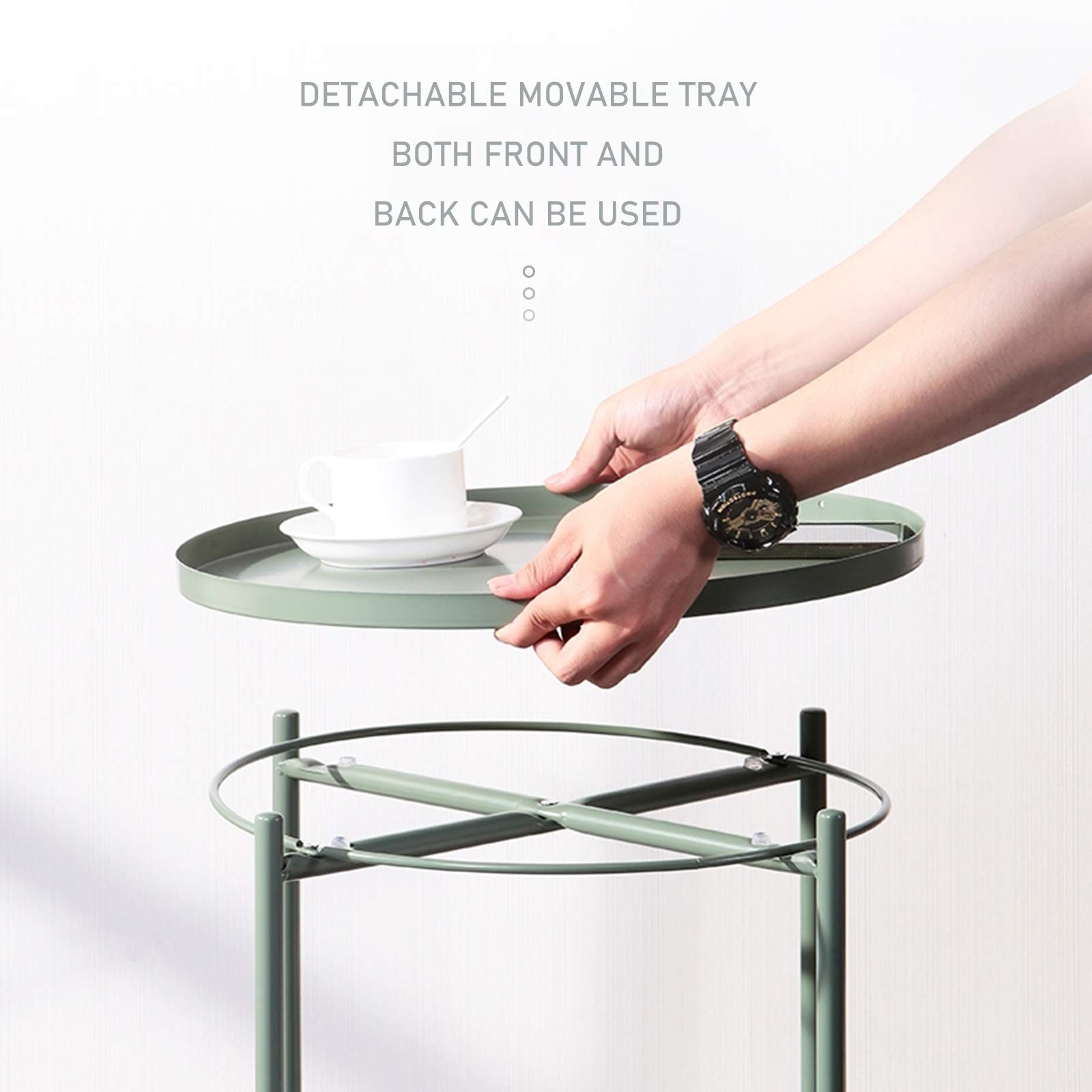 Round Metal Tray End Table - Waterproof Modern Side Table with Removable Tray for Living Room, Bedroom, Balcony & Lounge - Perfect as Coffee Table, Nightstand or Sofa Side Table (Black)