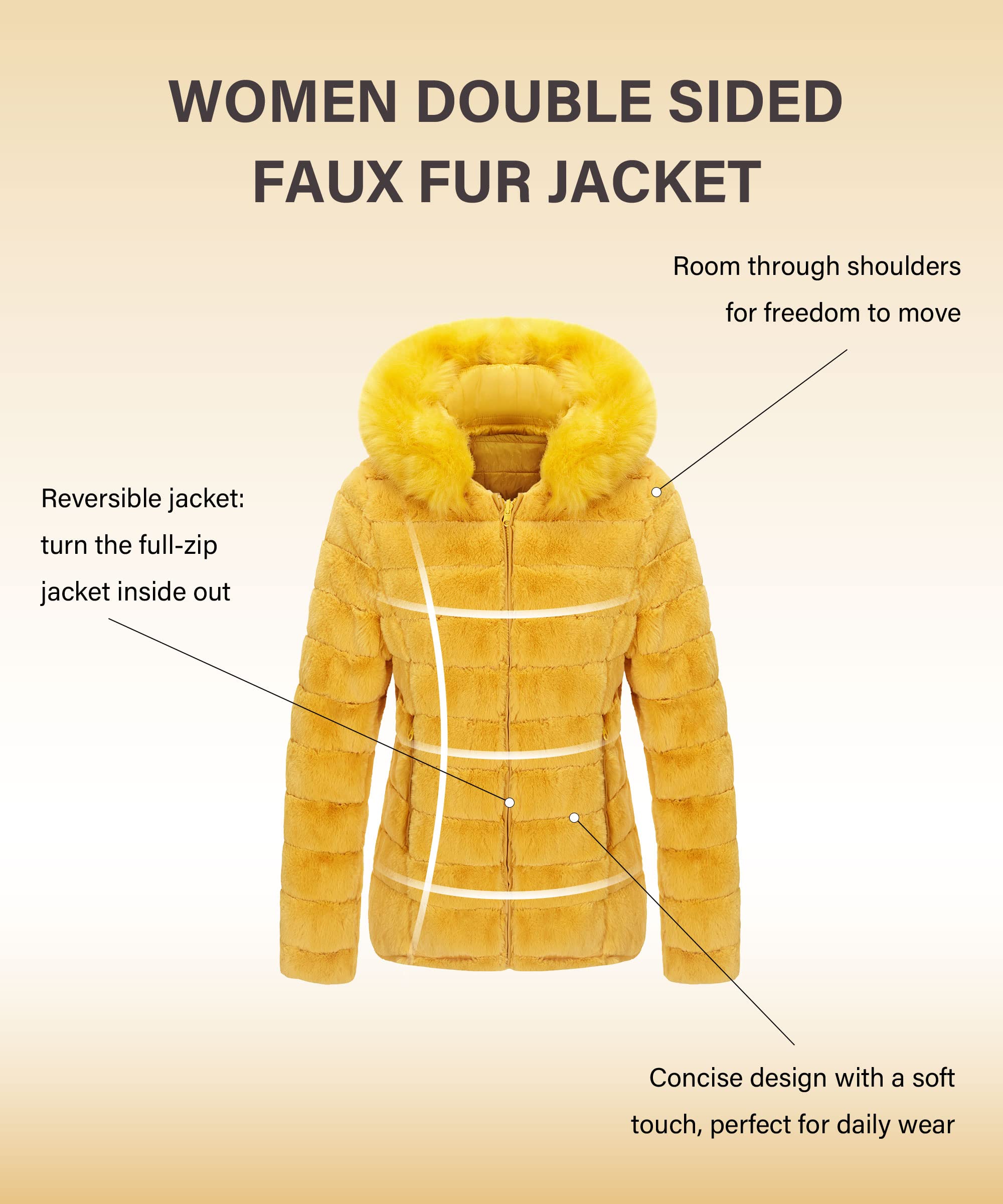 Bellivera Women's Reversible Faux Fur Jacket - Double Sided Winter Coat with Hood & Fur Collar | Warm Fashion Outerwear for Fall, Winter & Spring | Perfect for Casual Outings, Travel & Outdoor Activities