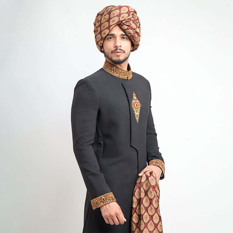 Elegant Black Jewel Embroidered Sherwani for Men | Premium Fitted Indian Wedding Attire | Perfect for Grooms, Festivals & Special Occasions