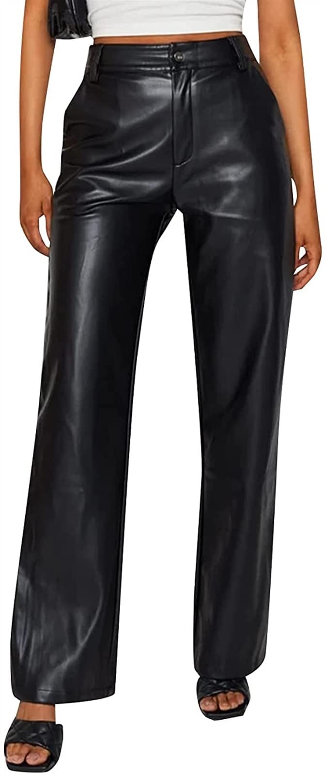Women's Faux Leather Leggings - High Waist Stretchy Pants with Leather Look for Workout, Yoga & Casual Wear