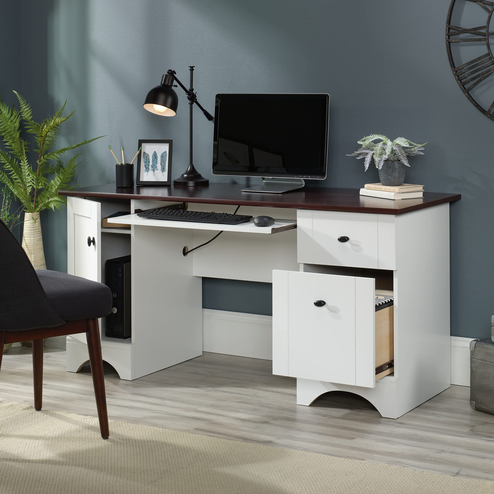 Sauder Cherry Accent Home Office Computer Desk - Soft White Finish for Small Spaces, Work from Home & Study