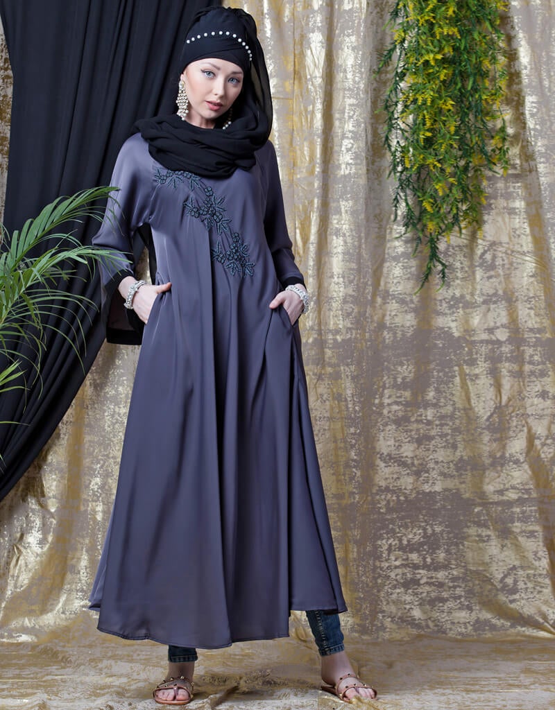 Hand Embroidered Arabic Nida Abaya Umbrella - Navy Blue Islamic Prayer Dress for Women - Perfect for Mosque, Eid, and Special Occasions
