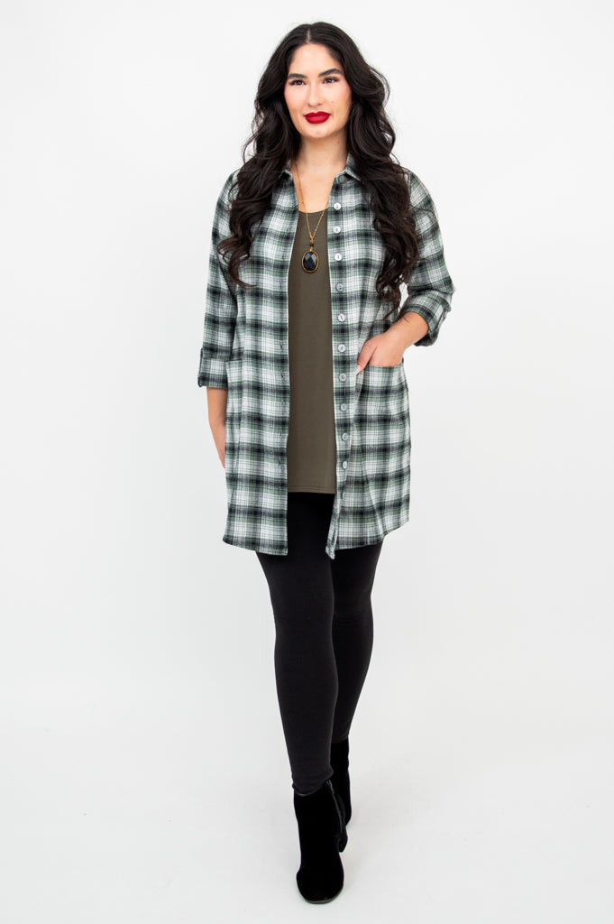 Larissa Women's Cotton Tunic Top - Mint Plaid Print - Casual Loose Fit Blouse for Work, Travel & Everyday Wear