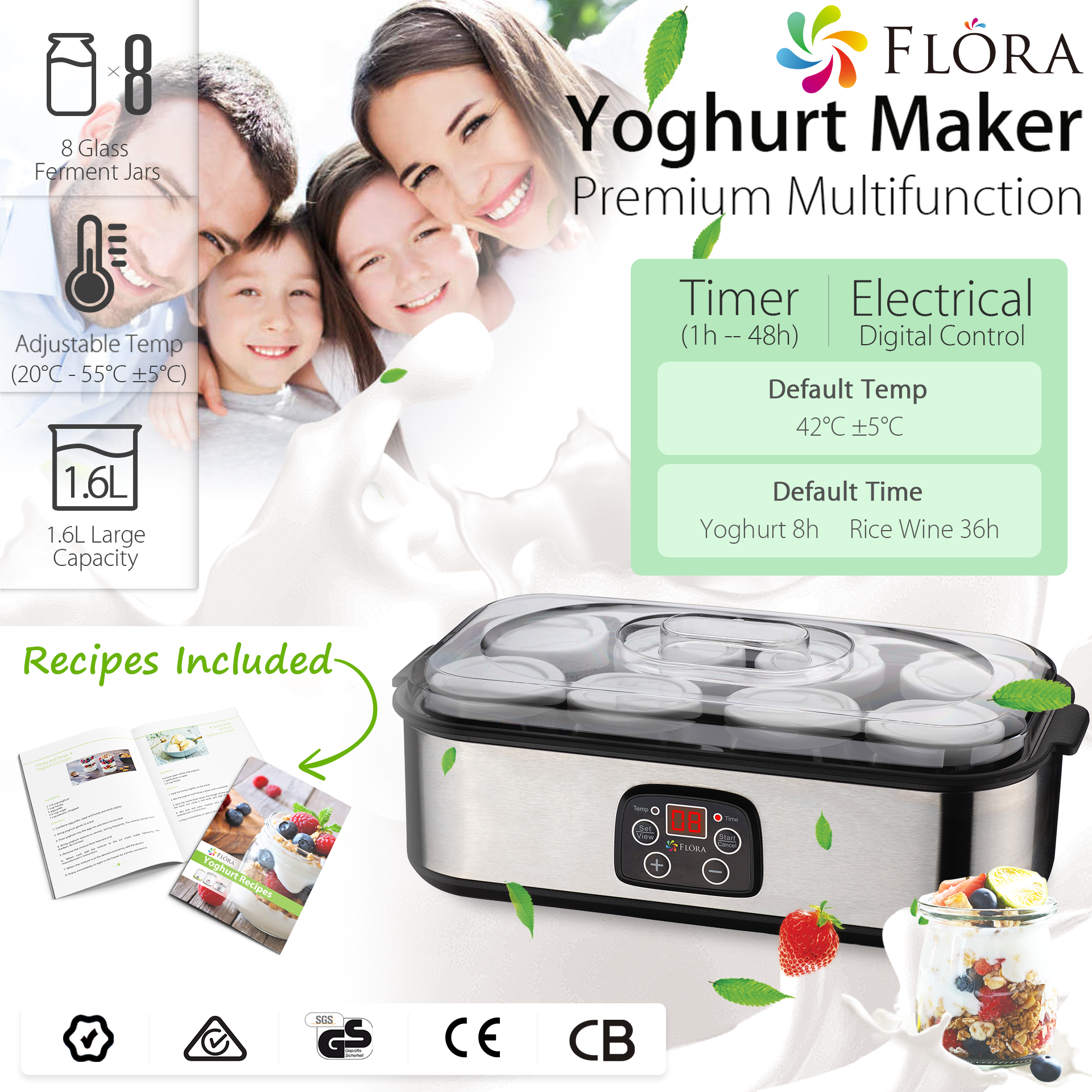 Electric Yogurt Maker Machine with 8 Glass Jars - Digital LCD Display & Temperature Control for Homemade Yogurt, Natto, Rice Wine & Curd - Perfect for Healthy Breakfast, Snacks & Fermented Foods (FL YME 816)