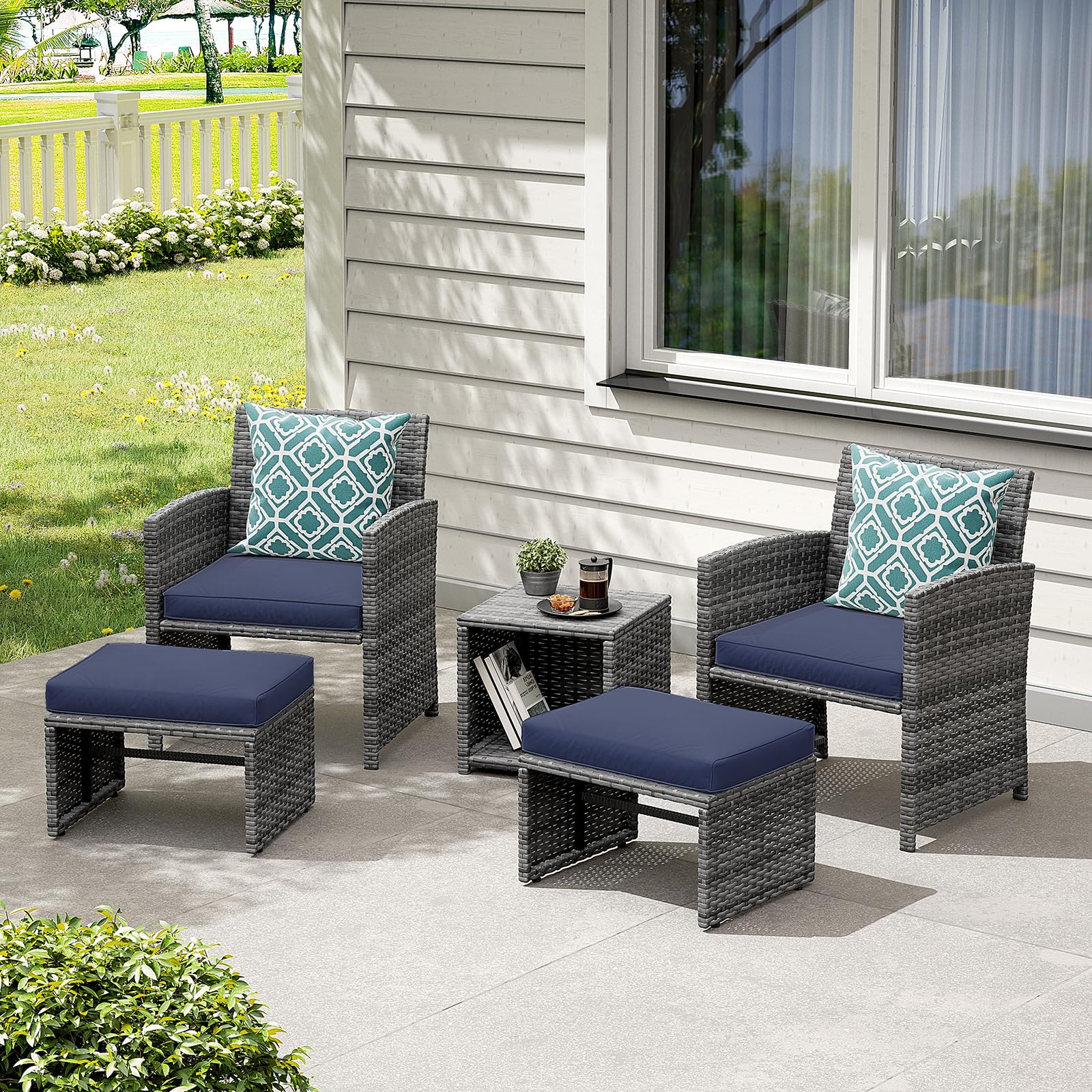 OC Orange-Casual 5-Piece Outdoor Patio Furniture Set - Wicker Conversation Chairs with Ottoman & Coffee Table - Includes Navy Blue Cushions - Perfect for Balcony, Porch, Deck & Backyard Relaxation