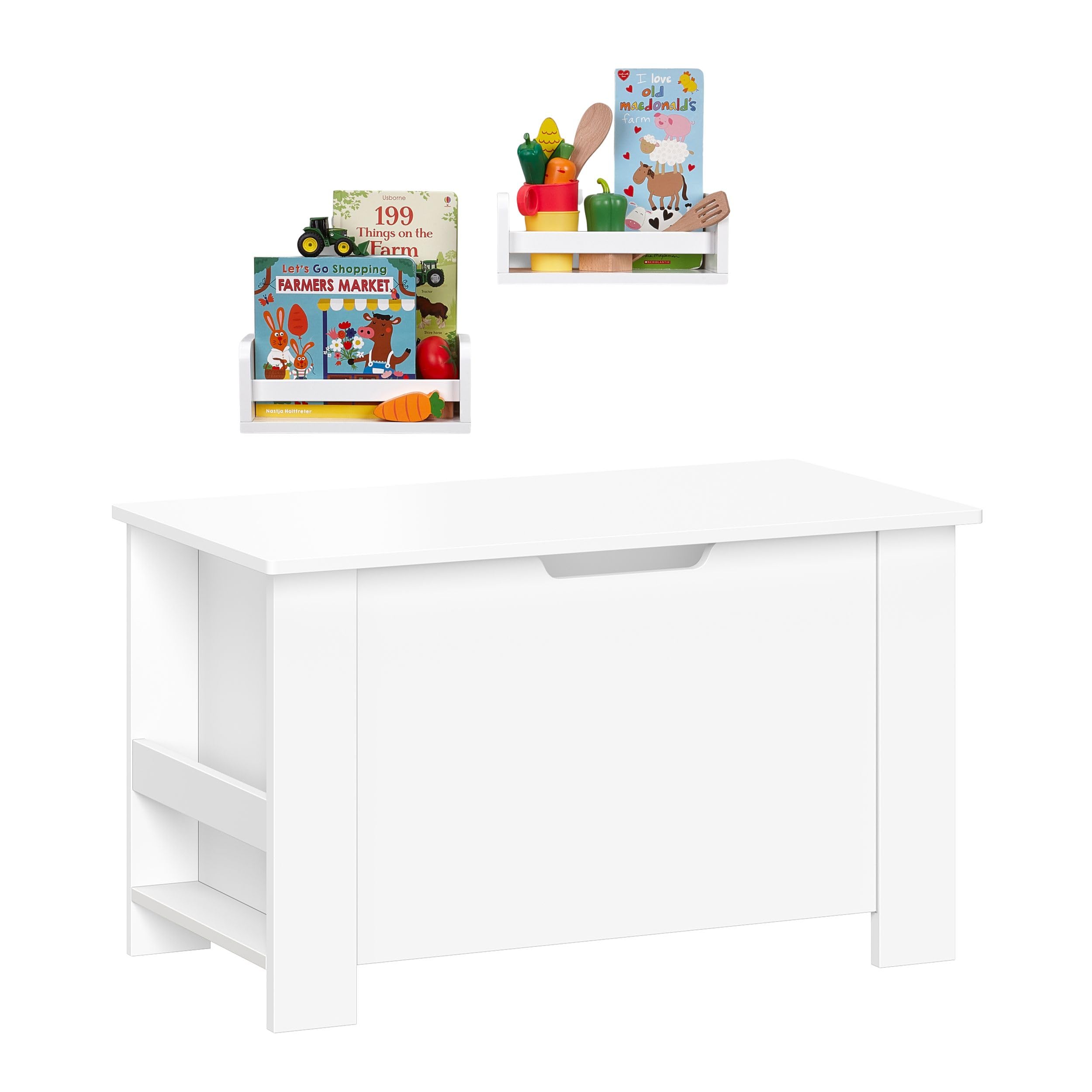 RiverRidge Kids Book Nook Toy Storage Organizer - Modern White Toy Box with Side Bookracks & 2 Floating Bookshelves (10