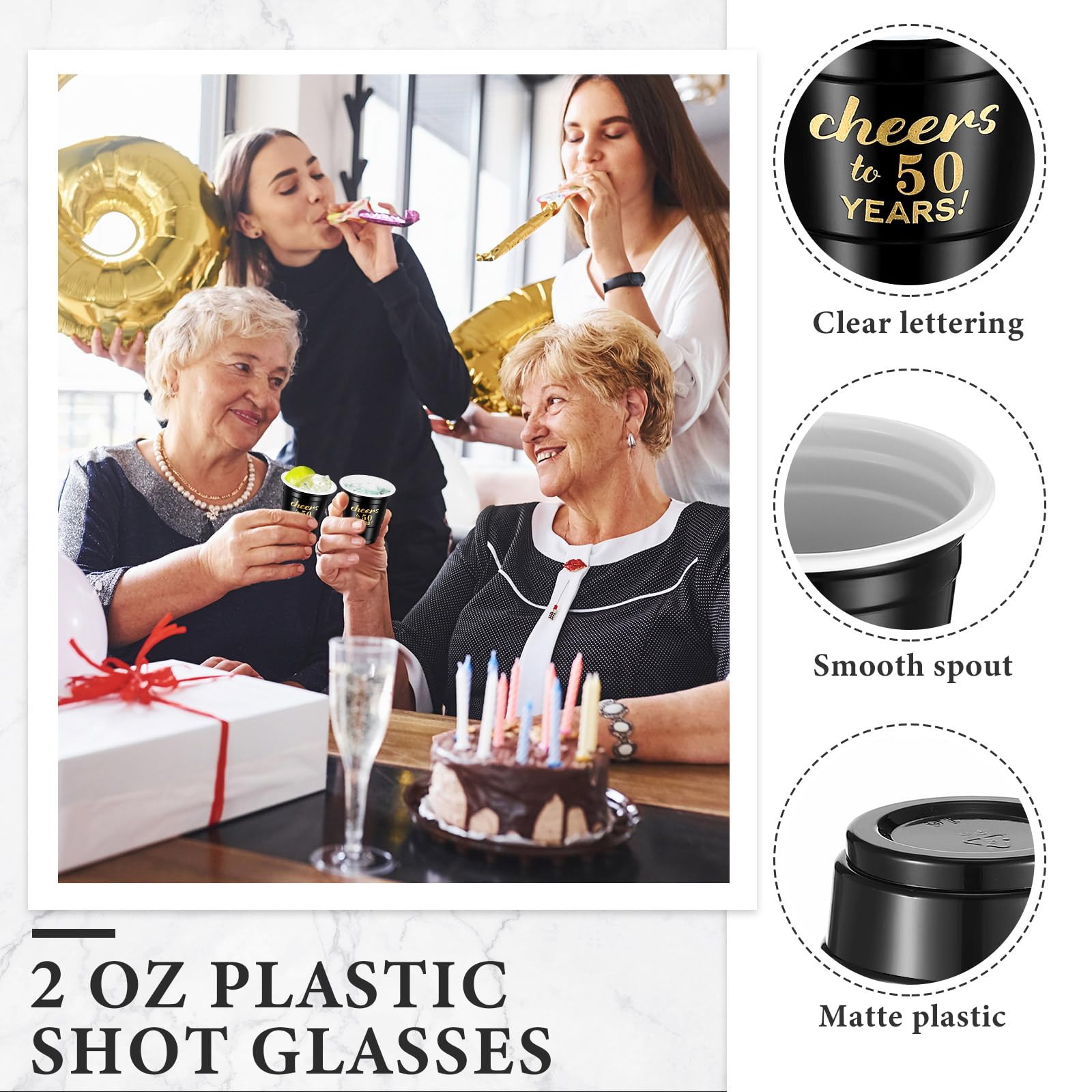 100 Pcs Disposable 2 oz Plastic Shot Glasses - Cheers to 30 40 50 60 70 Years Birthday Party Cups in Black & Gold | Perfect for Anniversary Decorations, Stadium Parties & Birthday Favors for Men & Women (50 Years Option)