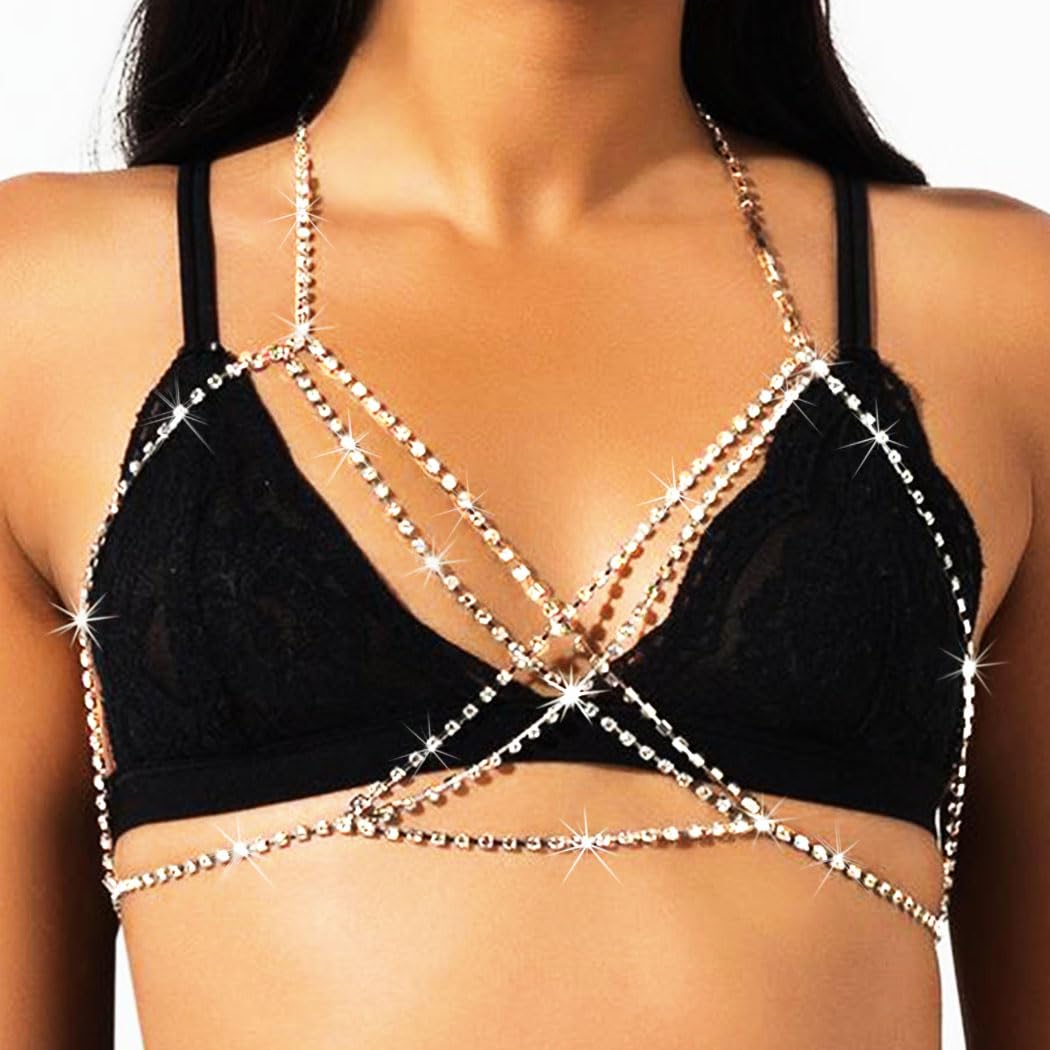 Graeen Rhinestone Body Chain for Women - Silver Crystal Cross Bra Jewelry | Elegant Chest Chain for Parties, Weddings & Festivals