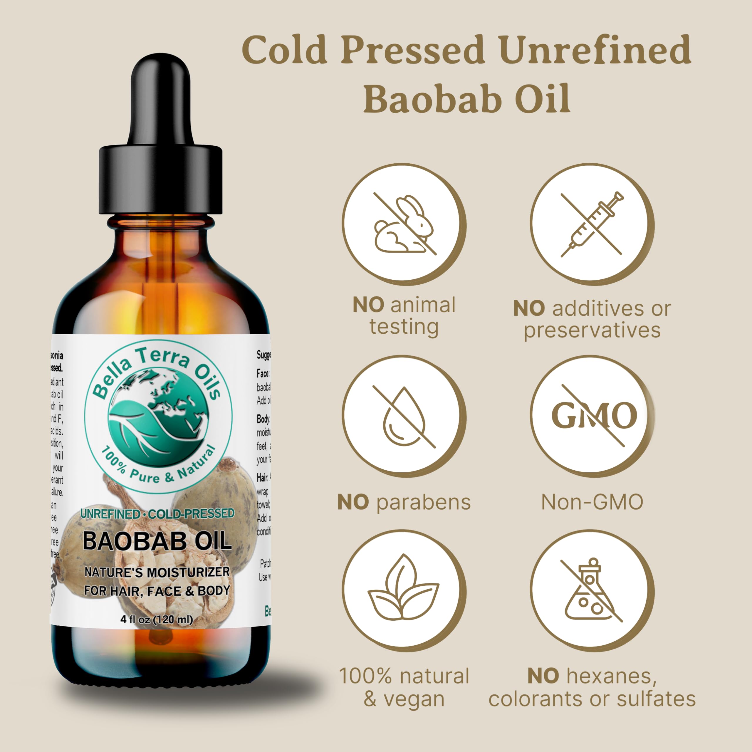 Pure Baobab Oil for Hair & Skin – 1 Gallon Fast Absorbing, Hydrating & Nourishing – Promotes Radiant Glow – Ideal for Dry Scalp, Split Ends, Dull Skin & Massage Therapy – Bella Terra Oils